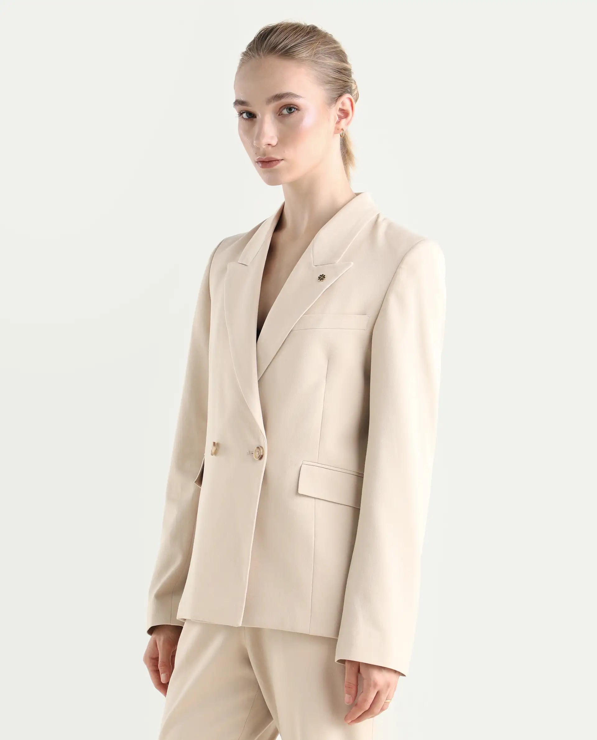 Rareism Women's Dublo Beige Polyester Blend Fabric Full Sleeve Lapel Collar Plain Blazer
