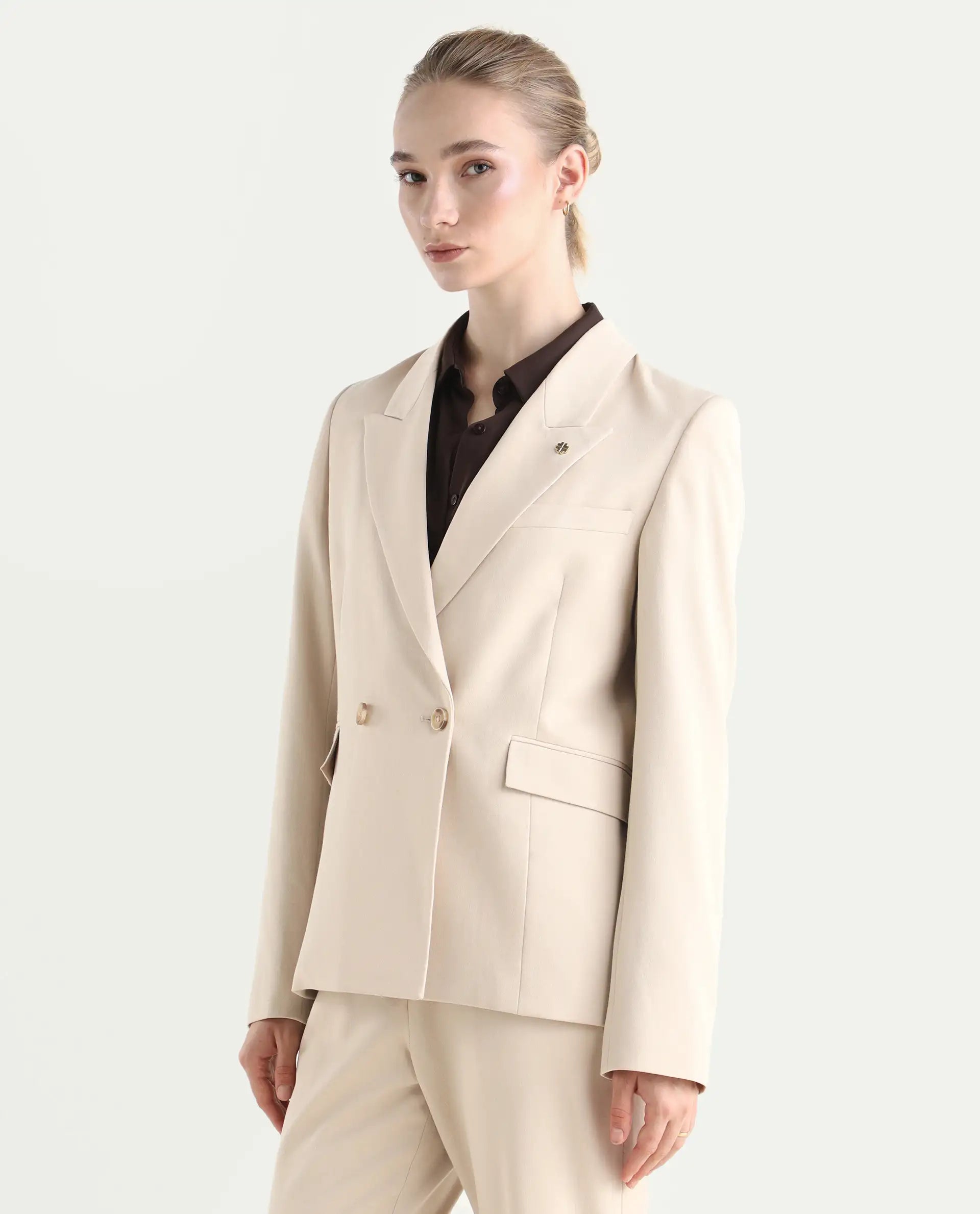 Rareism Women's Dublo Beige Polyester Blend Fabric Full Sleeve Lapel Collar Plain Blazer