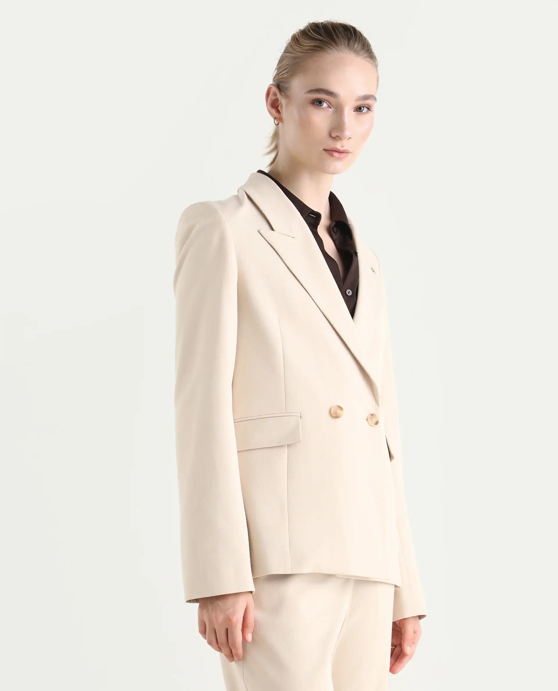 Rareism Women's Dublo Beige Polyester Blend Fabric Full Sleeve Lapel Collar Plain Blazer