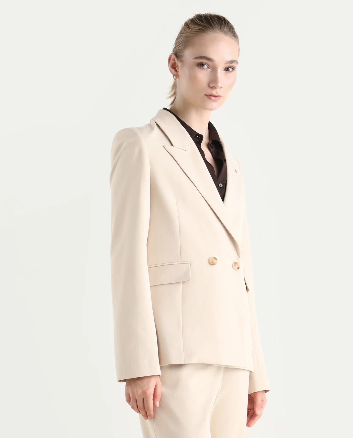 Rareism Women's Dublo Beige Polyester Blend Fabric Full Sleeve Lapel Collar Plain Blazer