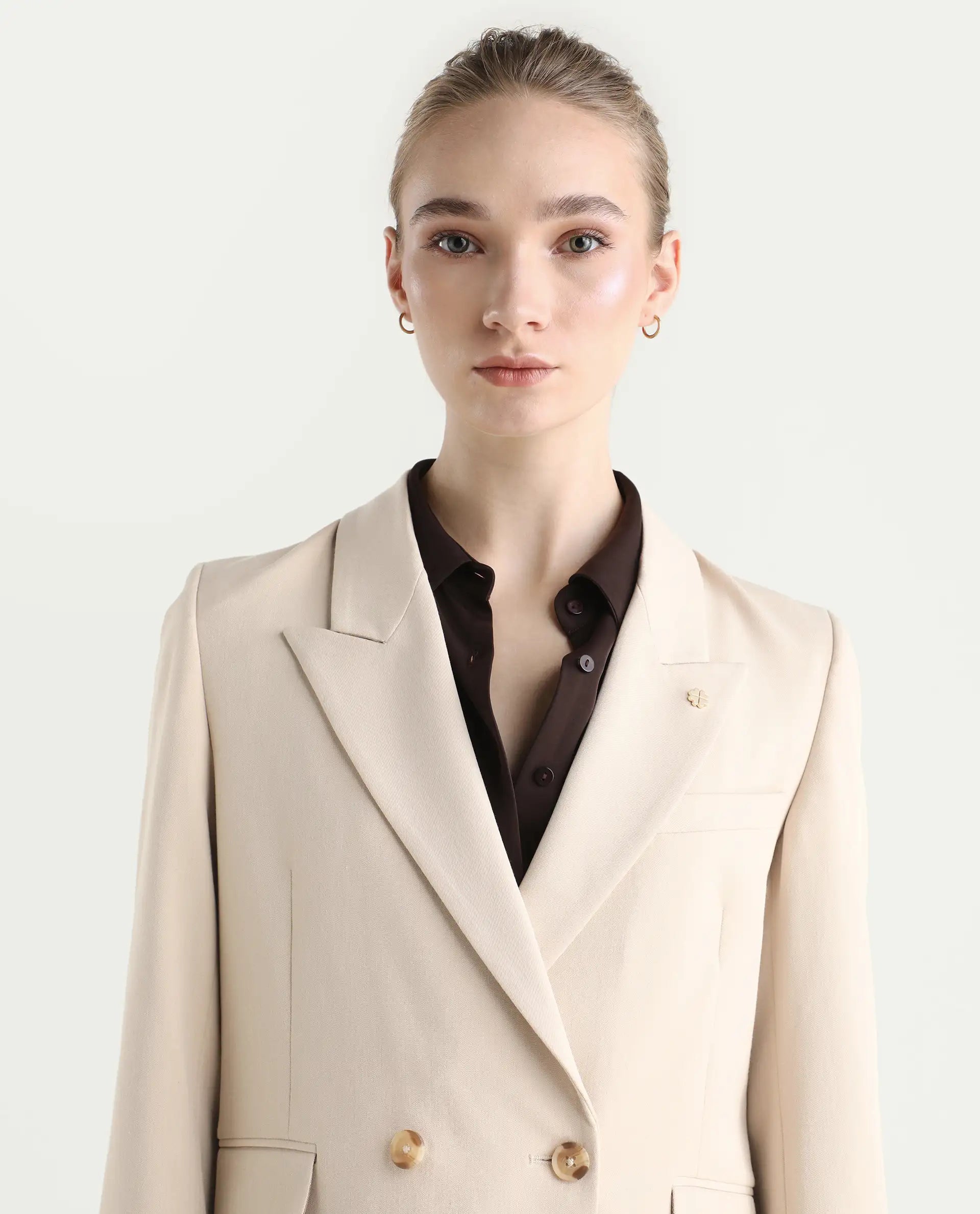 Rareism Women's Dublo Beige Polyester Blend Fabric Full Sleeve Lapel Collar Plain Blazer