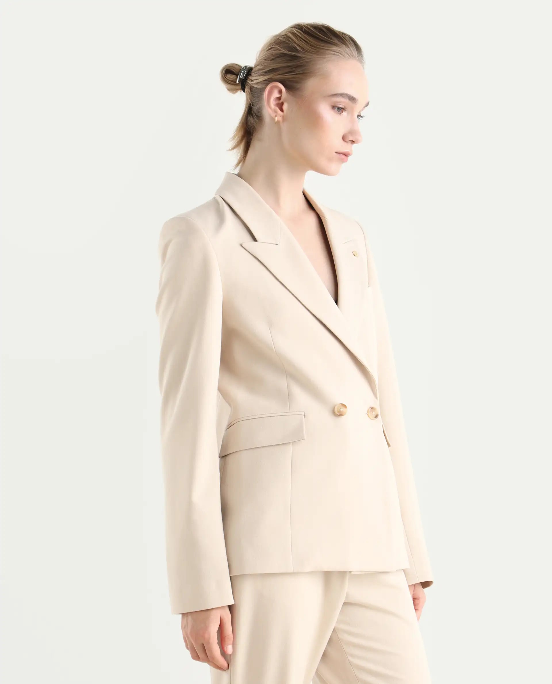 Rareism Women's Dublo Beige Polyester Blend Fabric Full Sleeve Lapel Collar Plain Blazer