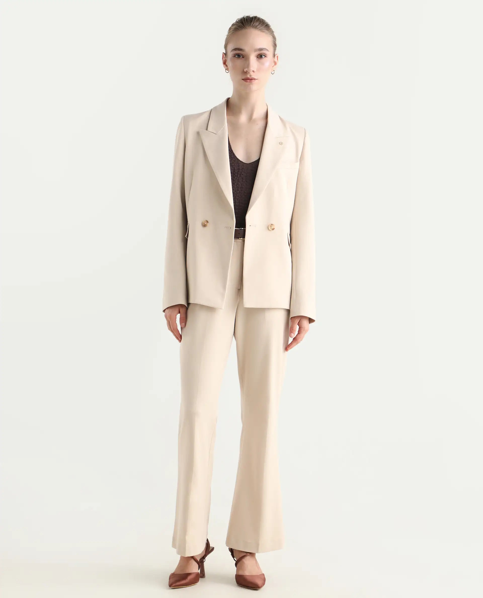Rareism Women's Dublo Beige Polyester Blend Fabric Full Sleeve Lapel Collar Plain Blazer