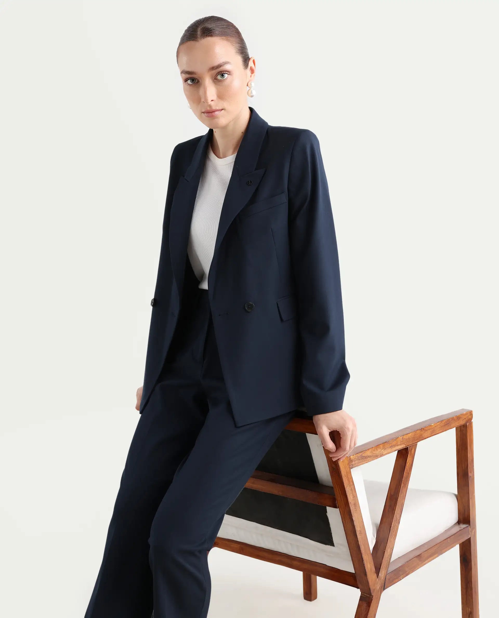 Rareism Women's Dublo Navy Polyester Blend Full Sleeve Lapel Collar Plain Blazer