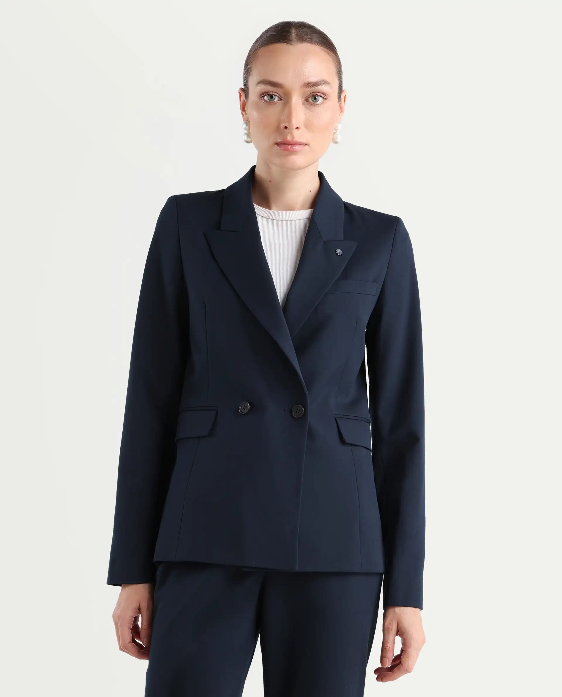 Rareism Women's Dublo Navy Polyester Blend Full Sleeve Lapel Collar Plain Blazer