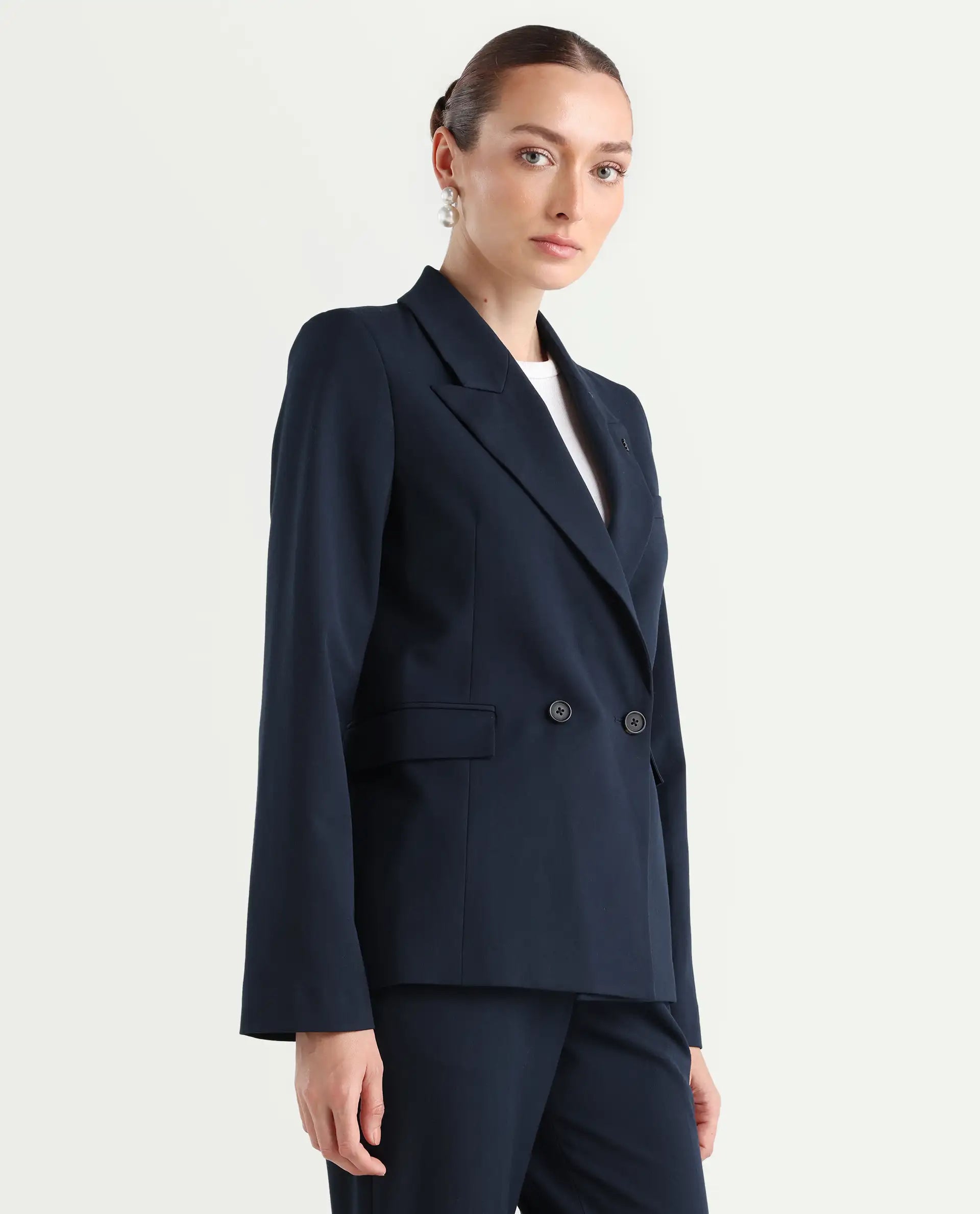 Rareism Women's Dublo Navy Polyester Blend Full Sleeve Lapel Collar Plain Blazer
