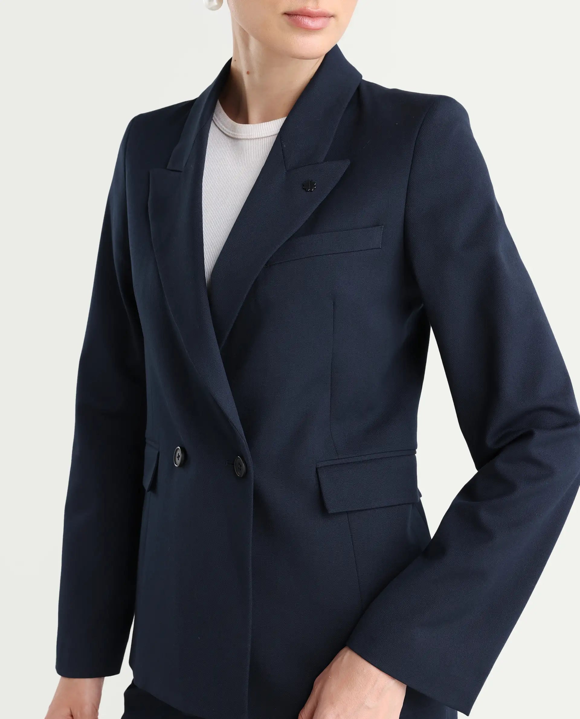 Rareism Women's Dublo Navy Polyester Blend Full Sleeve Lapel Collar Plain Blazer