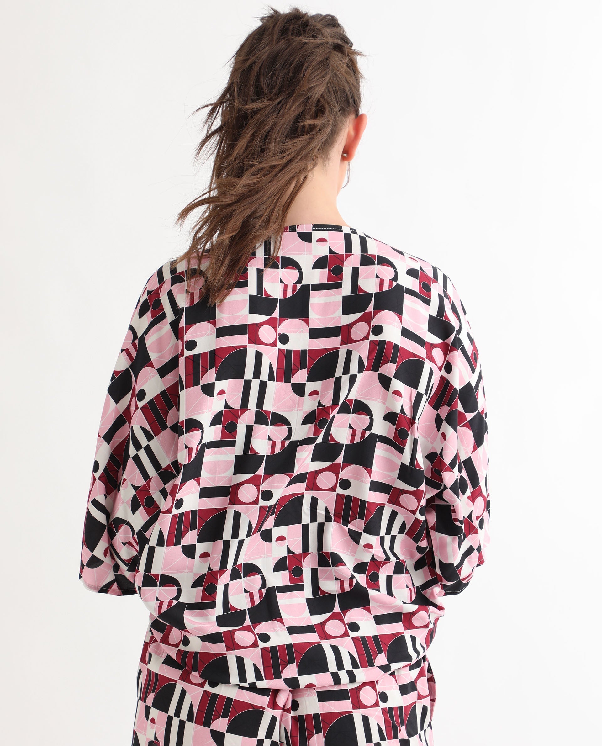 Rareism Women's Duncan Multi Viscose V-Neck Geometric Print Extended Sleeves Regular Fit Top