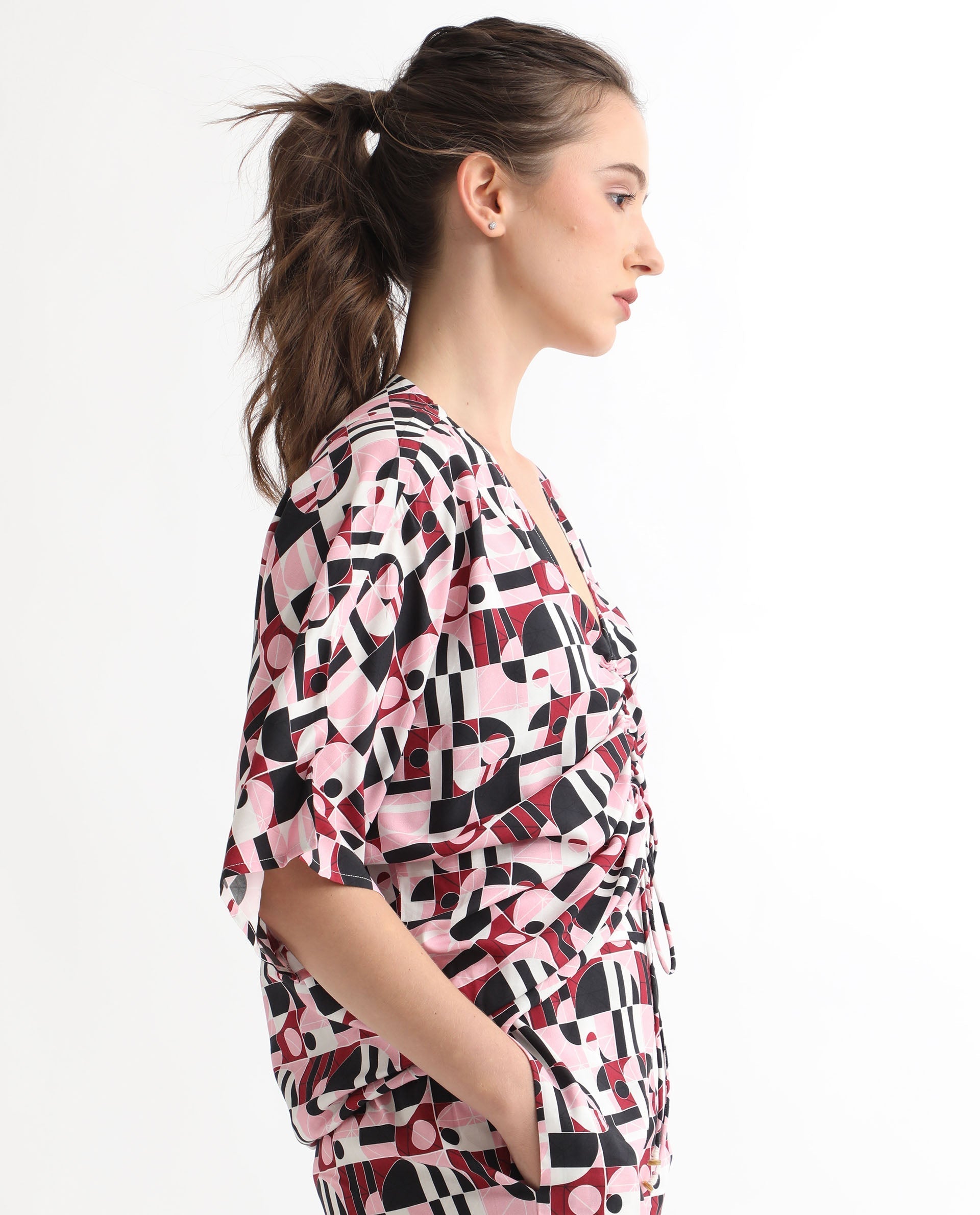 Rareism Women's Duncan Multi Viscose V-Neck Geometric Print Extended Sleeves Regular Fit Top