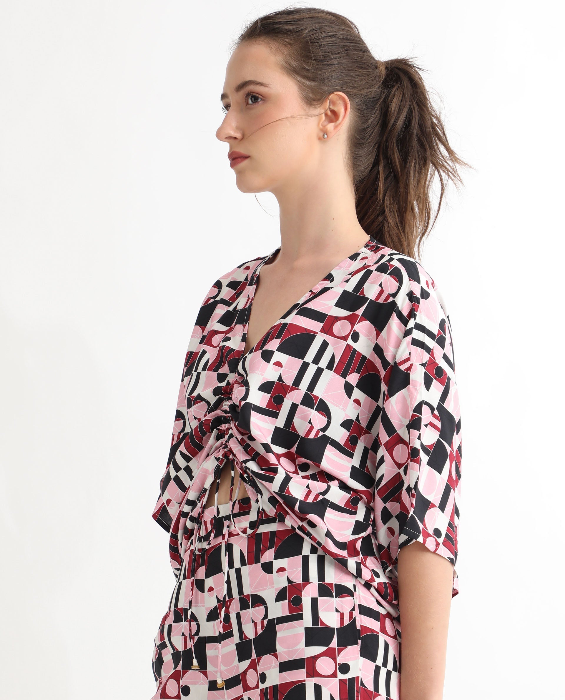 Rareism Women's Duncan Multi Viscose V-Neck Geometric Print Extended Sleeves Regular Fit Top