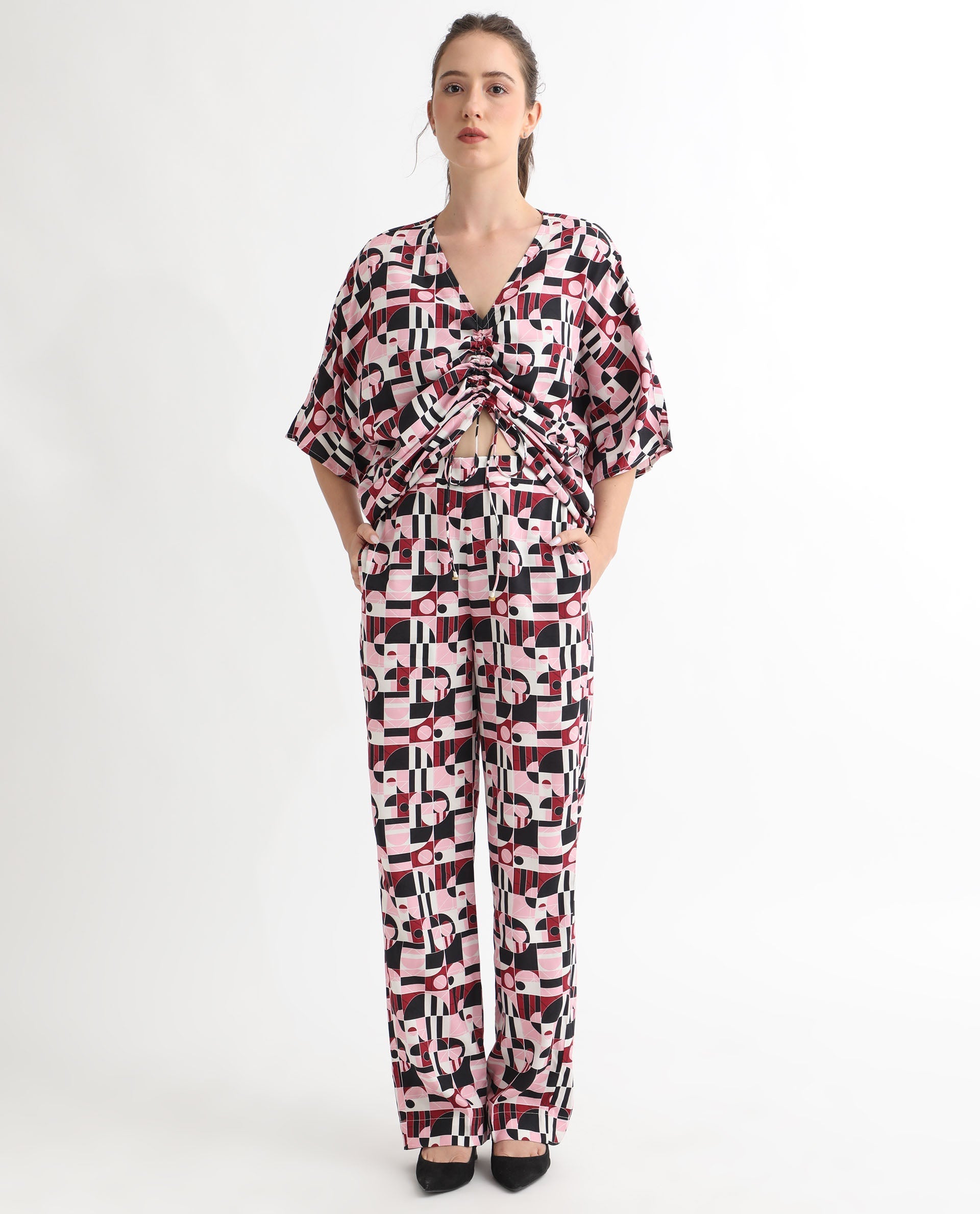 Rareism Women's Duncan Multi Viscose V-Neck Geometric Print Extended Sleeves Regular Fit Top