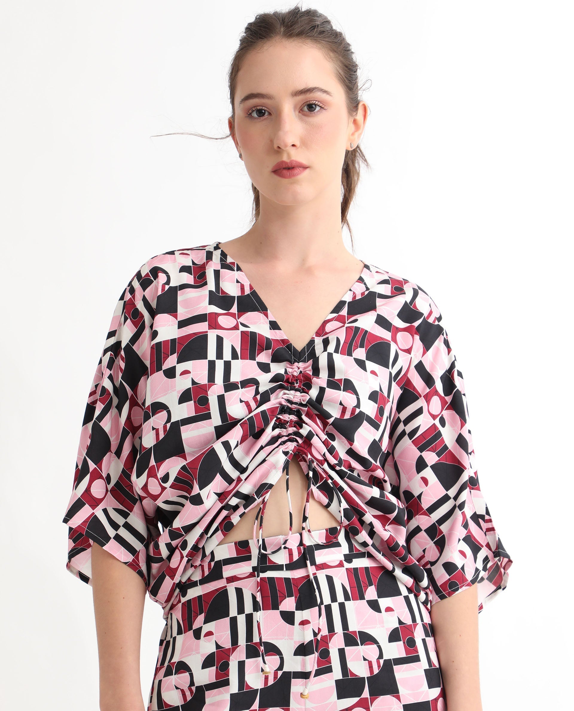 Rareism Women's Duncan Multi Viscose V-Neck Geometric Print Extended Sleeves Regular Fit Top