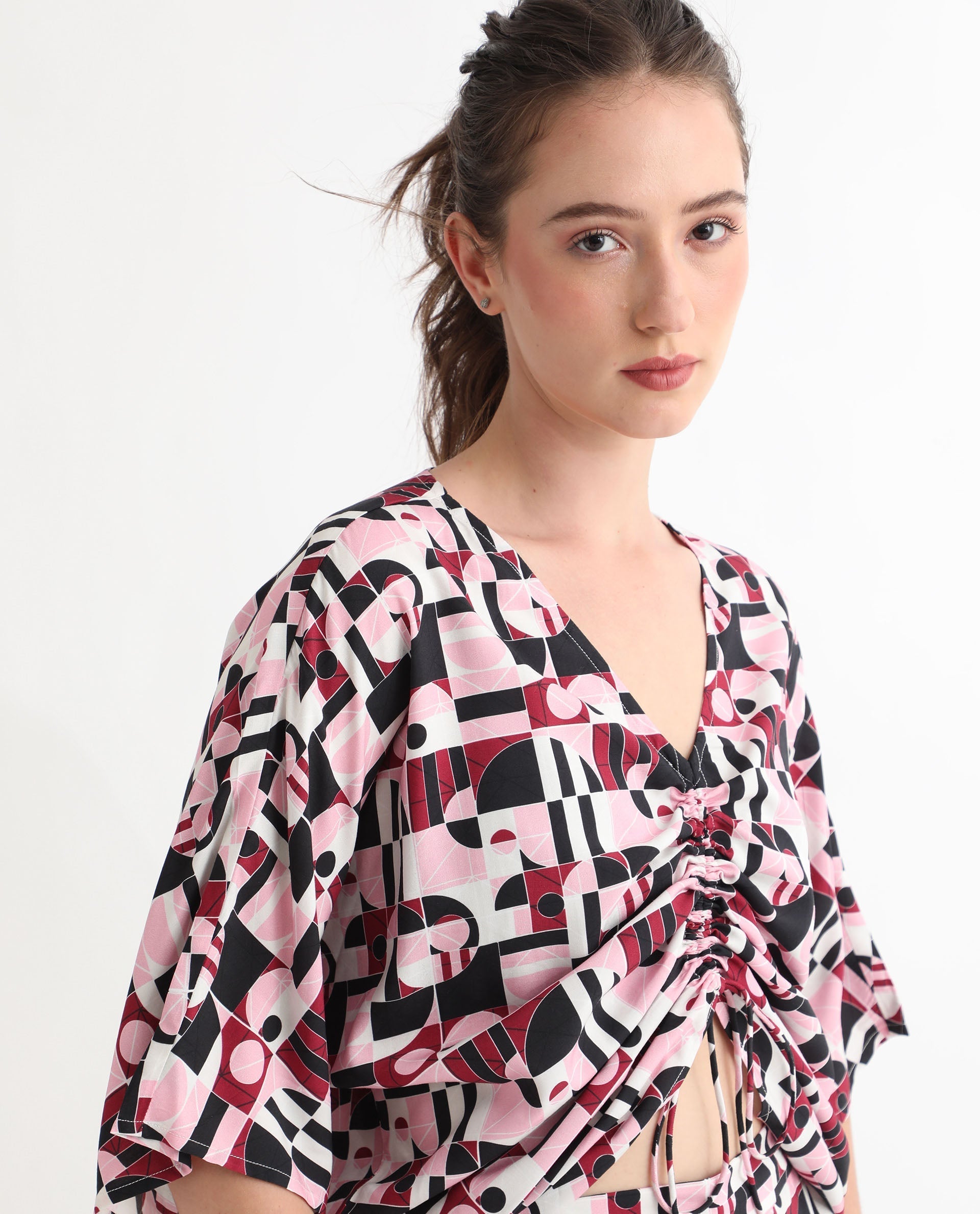 Rareism Women's Duncan Multi Viscose V-Neck Geometric Print Extended Sleeves Regular Fit Top