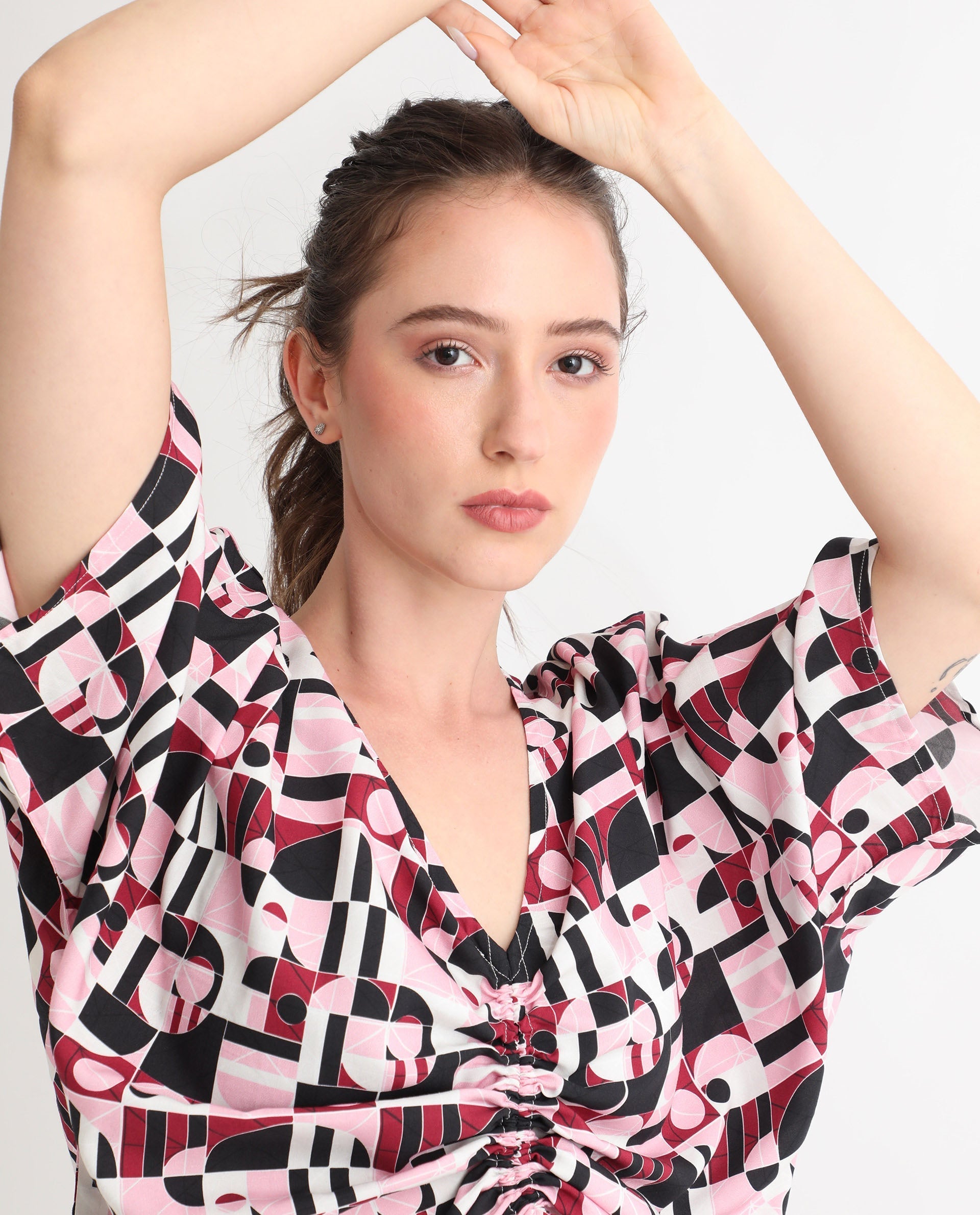 Rareism Women's Duncan Multi Viscose V-Neck Geometric Print Extended Sleeves Regular Fit Top