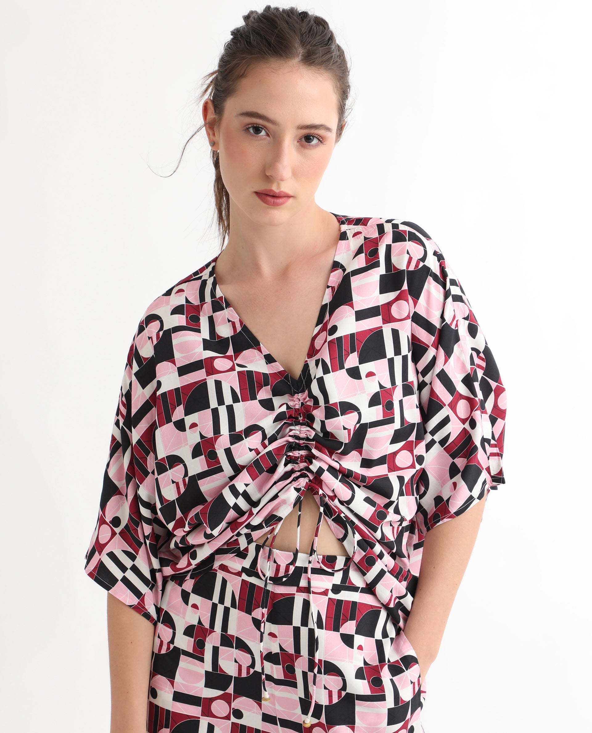 Rareism Women's Duncan Multi Viscose V-Neck Geometric Print Extended Sleeves Regular Fit Top