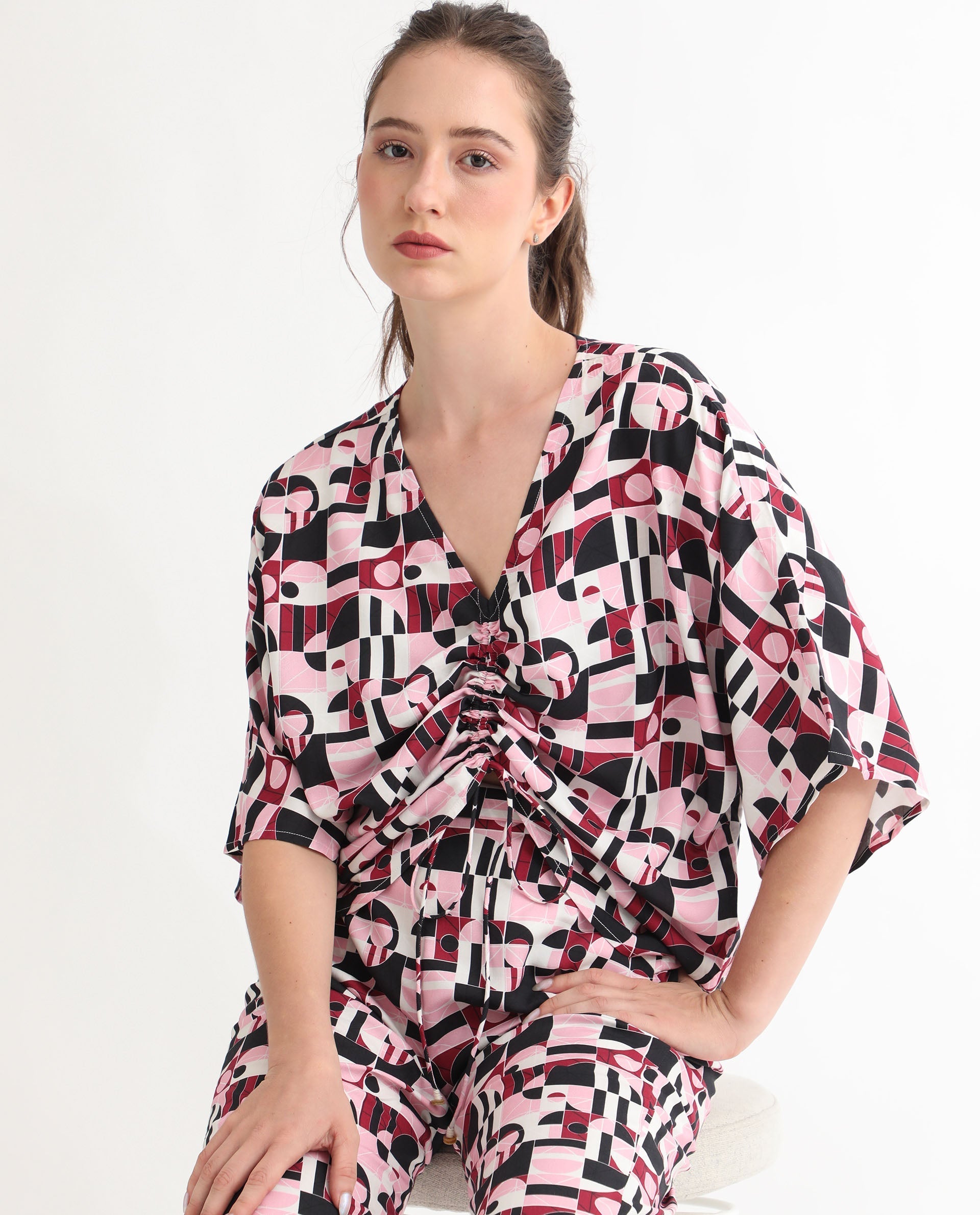 Rareism Women's Duncan Multi Viscose V-Neck Geometric Print Extended Sleeves Regular Fit Top