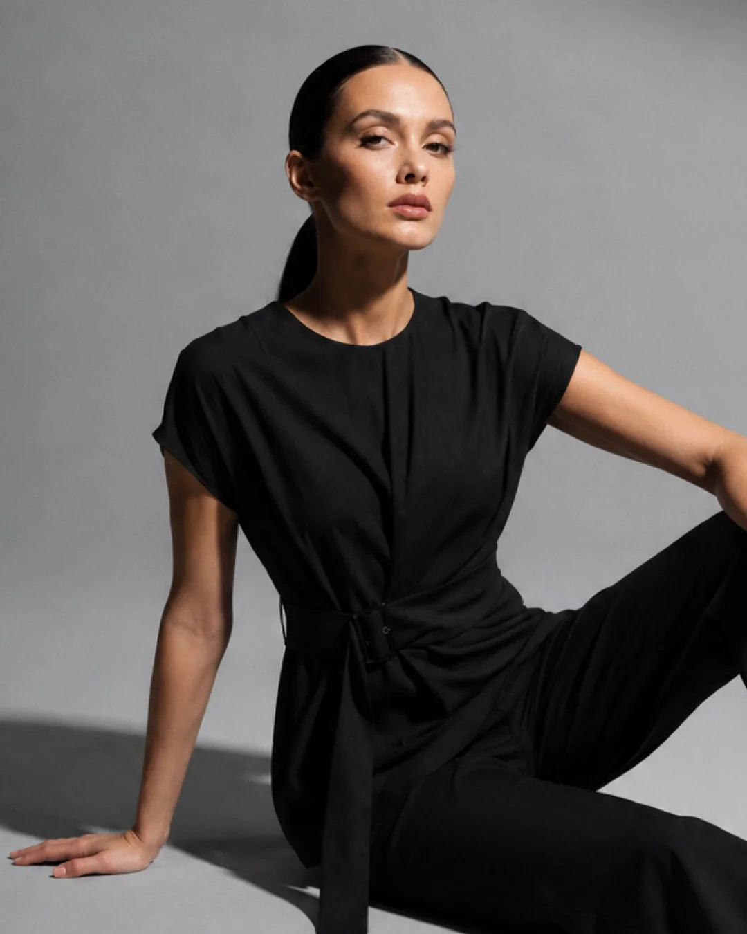 Rareism Women's Dusero Black Plain Viscose Blend Regular Short Sleeves Top