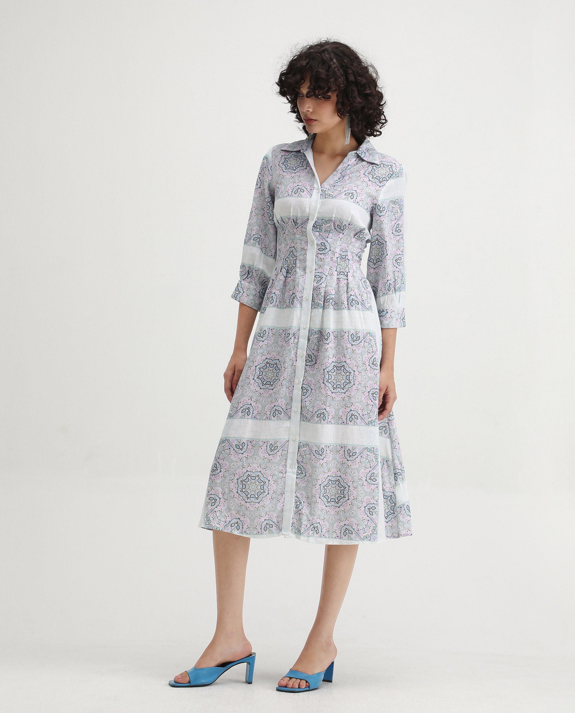 Rareism Women's Dusturn Multi Linen Blend Drop Collar Bandana Print Cuffed Sleeve Maxi Fit And Flare Dress
