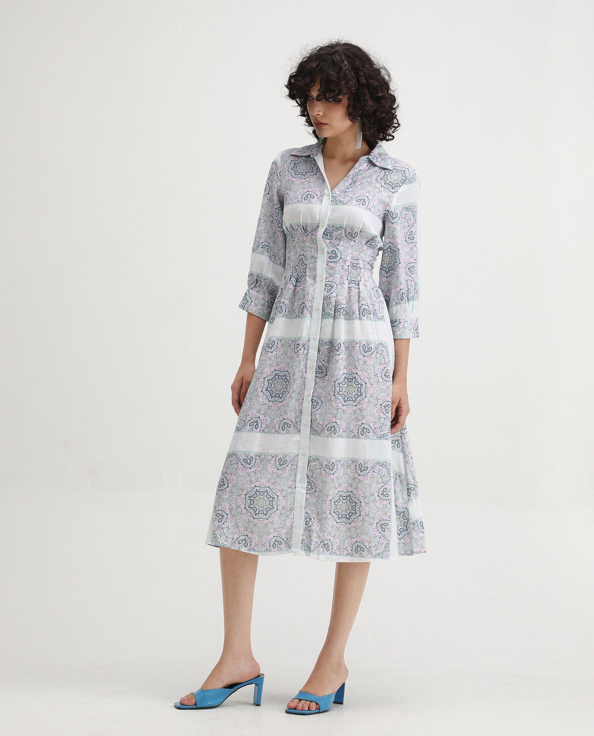 Rareism Women's Dusturn Multi Linen Blend Drop Collar Bandana Print Cuffed Sleeve Maxi Fit And Flare Dress