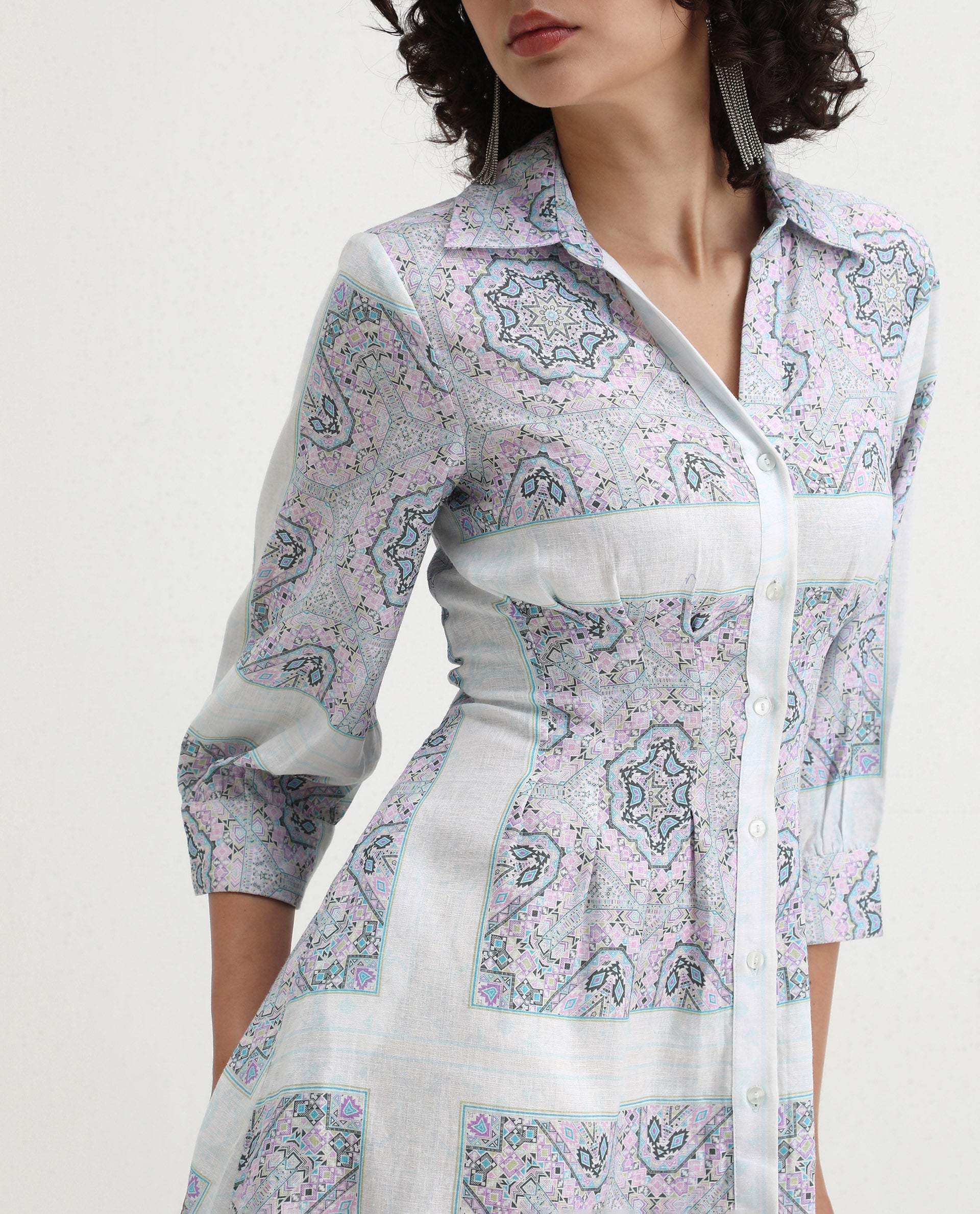 Rareism Women's Dusturn Multi Linen Blend Drop Collar Bandana Print Cuffed Sleeve Maxi Fit And Flare Dress