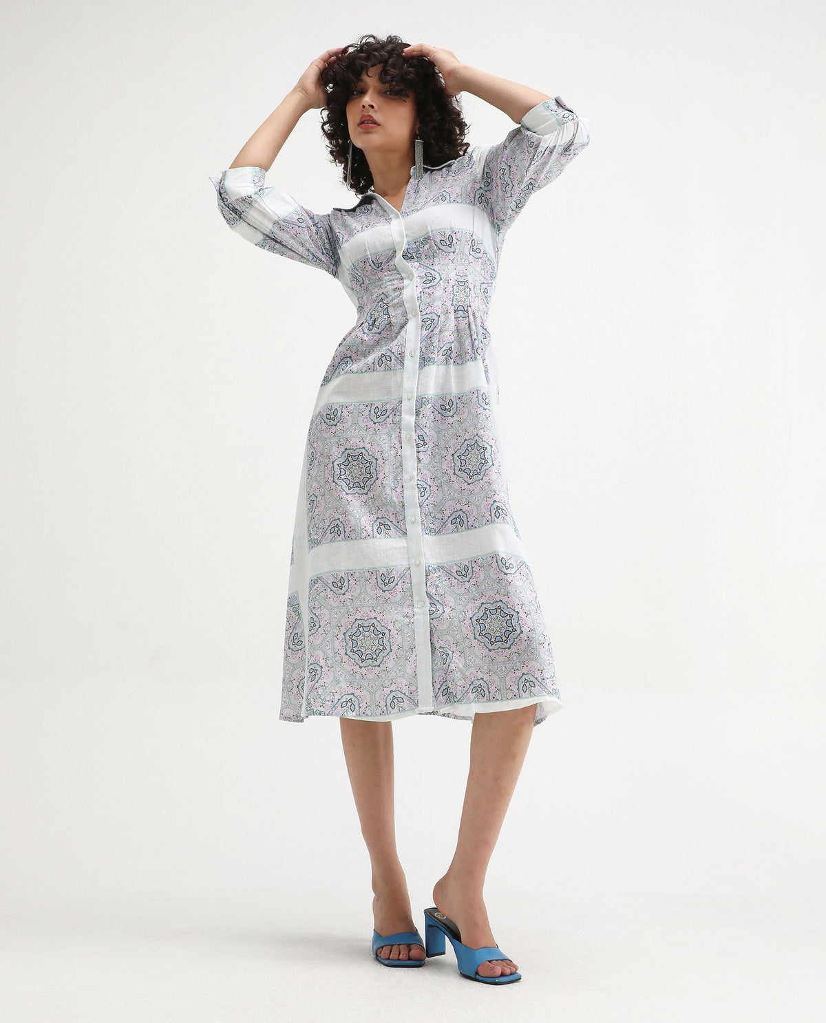 Rareism Women's Dusturn Multi Linen Blend Drop Collar Bandana Print Cuffed Sleeve Maxi Fit And Flare Dress