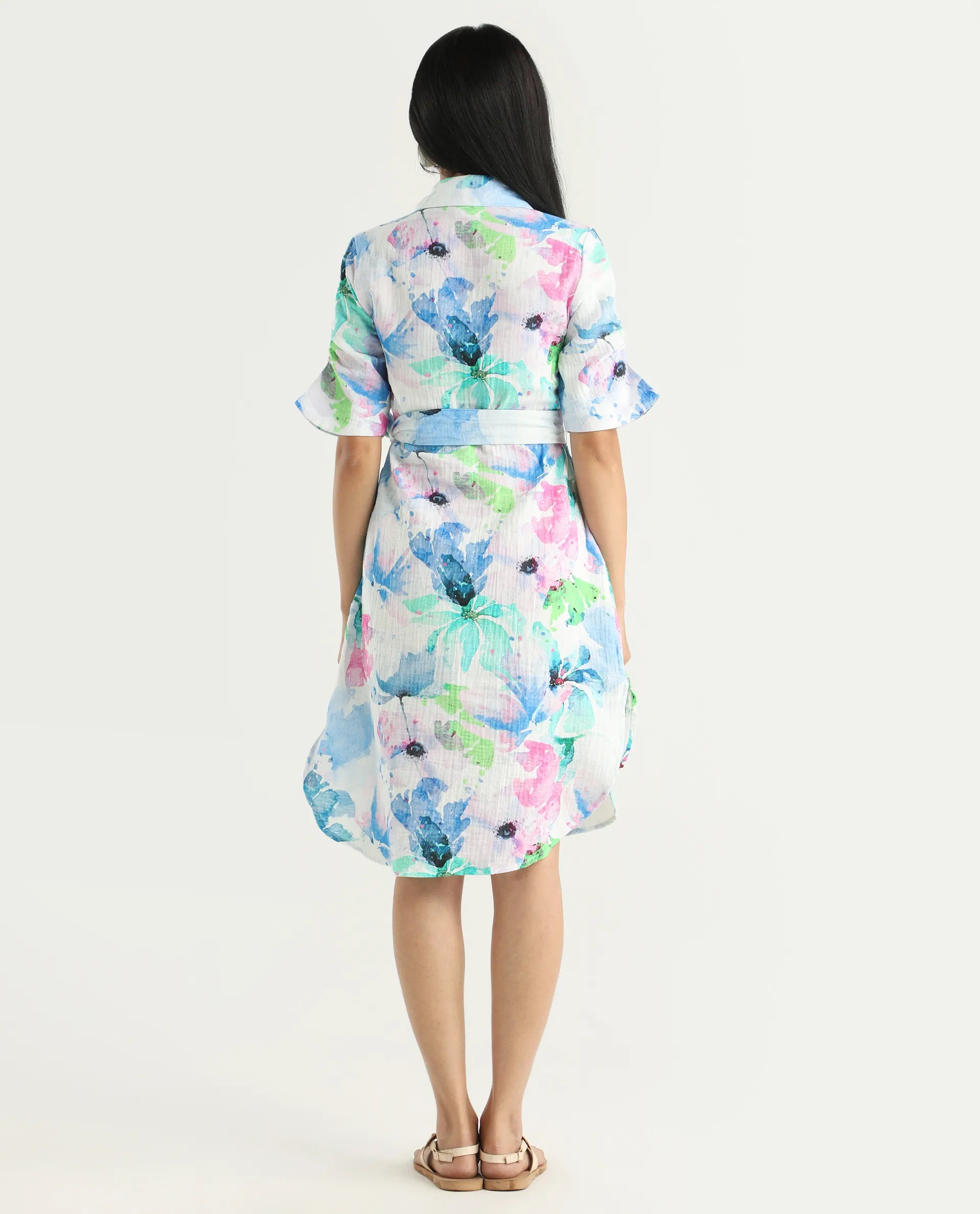 Rareism Women's Dyusa Multi Cotton Drop Collar Floral Print Knee Length A-Line Dress