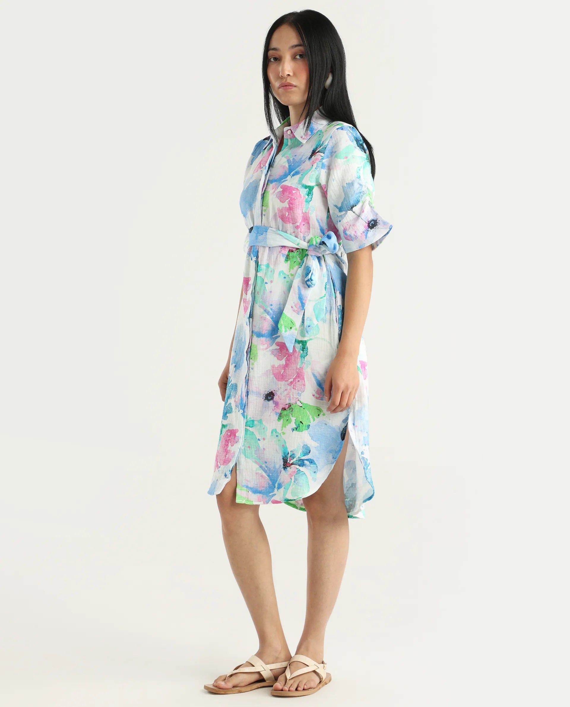 Rareism Women's Dyusa Multi Cotton Drop Collar Floral Print Knee Length A-Line Dress
