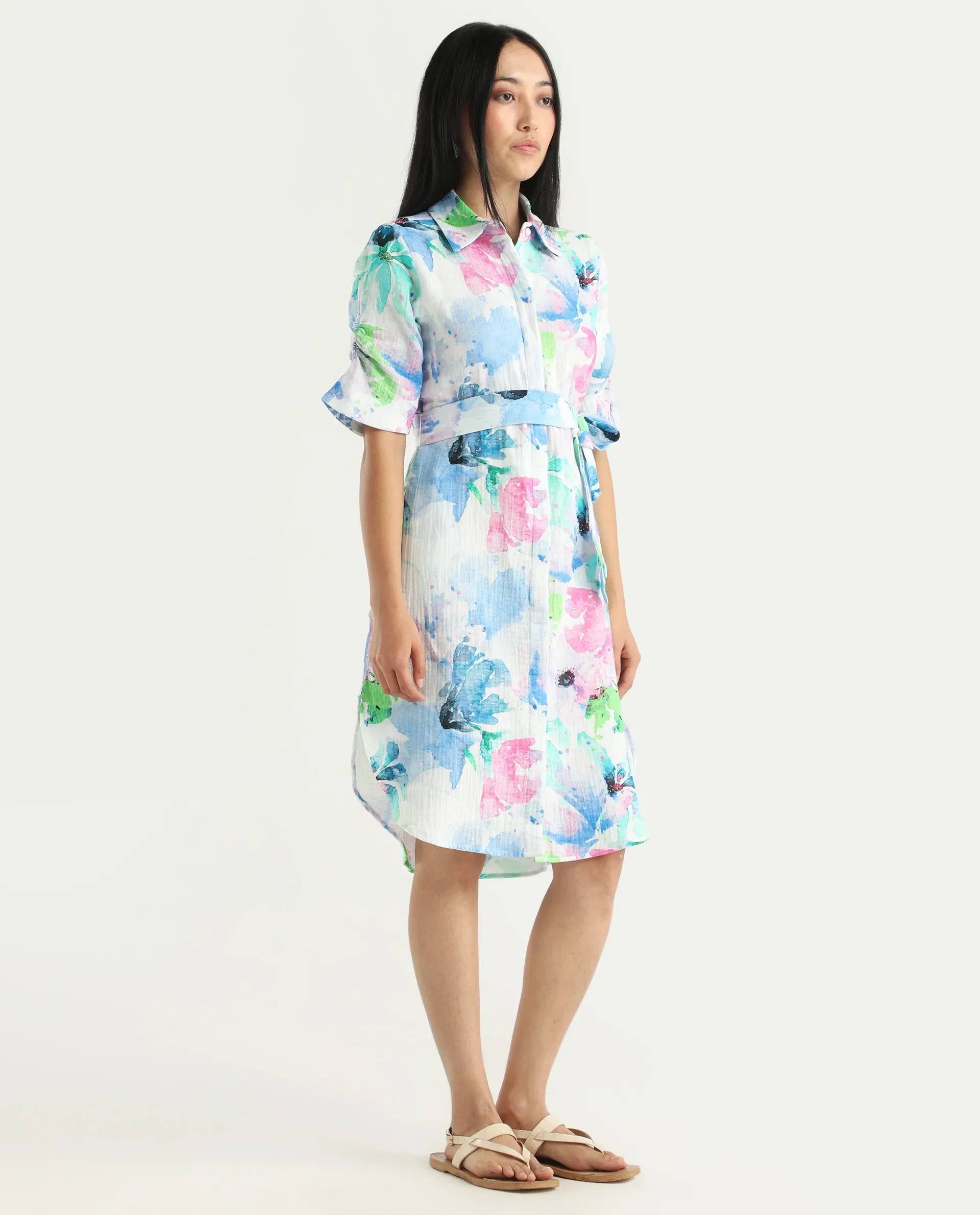 Rareism Women's Dyusa Multi Cotton Drop Collar Floral Print Knee Length A-Line Dress