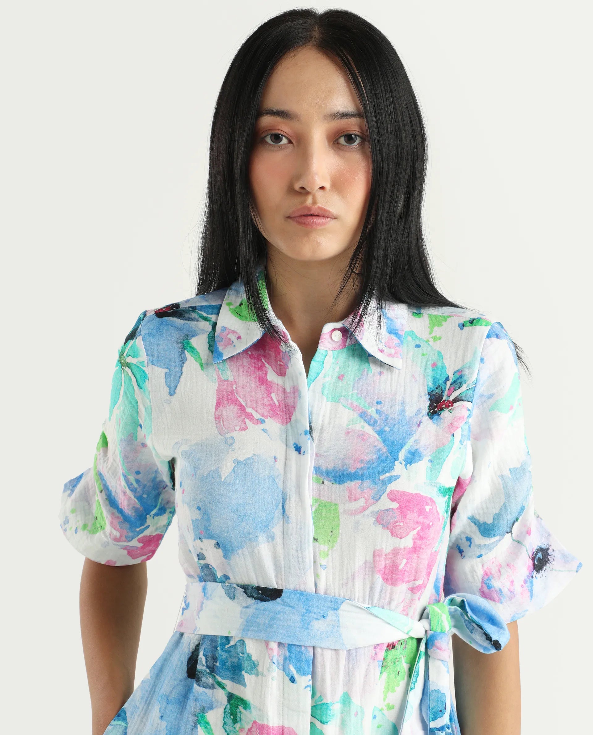 Rareism Women's Dyusa Multi Cotton Drop Collar Floral Print Knee Length A-Line Dress