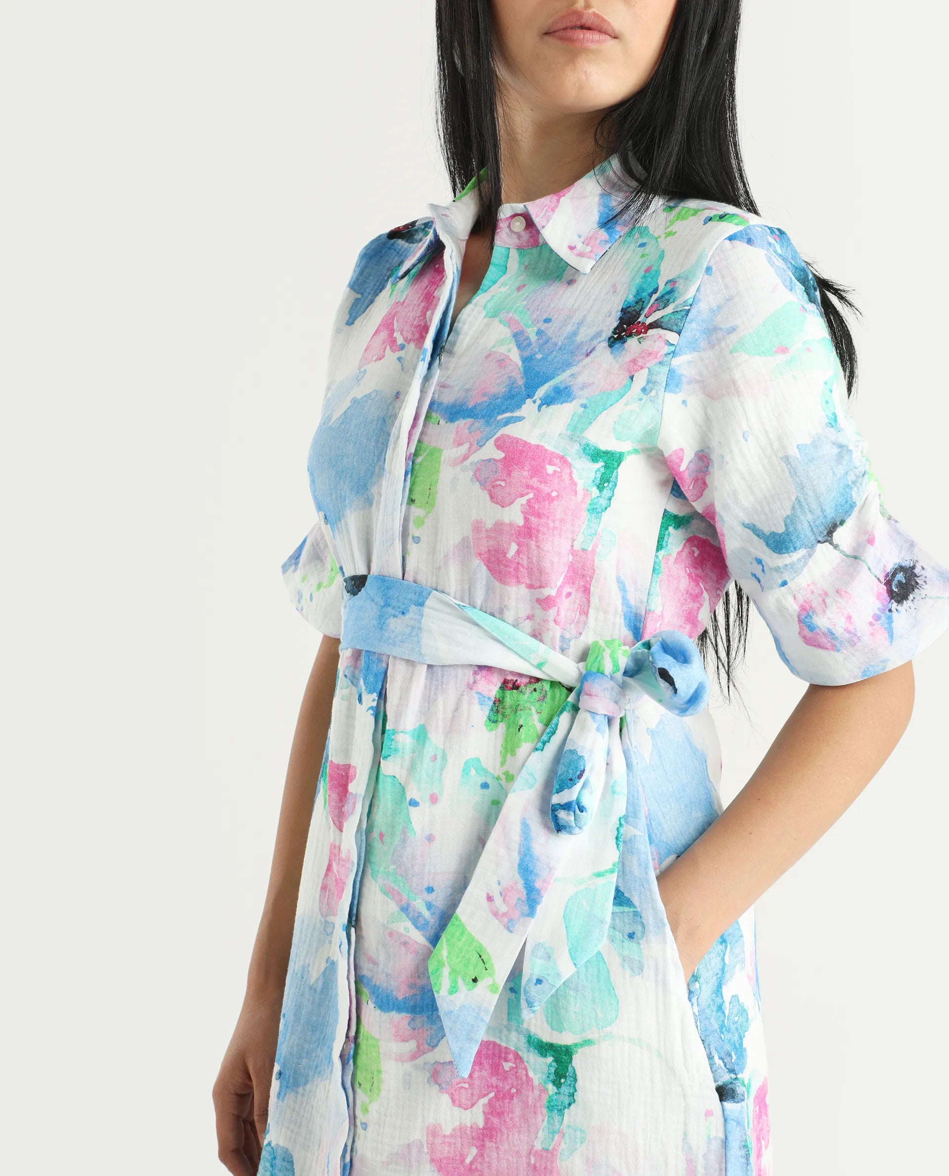 Rareism Women's Dyusa Multi Cotton Drop Collar Floral Print Knee Length A-Line Dress