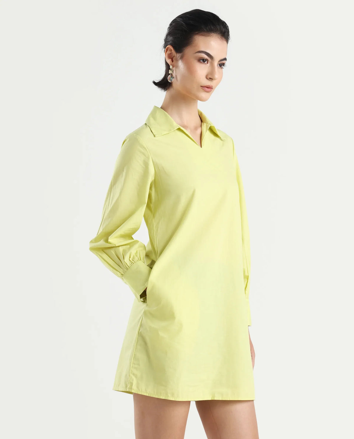 Rareism Women's Earo Light Green Cotton Drop Collar Plain Cuffed Sleeve Mini Regular Fit Dress
