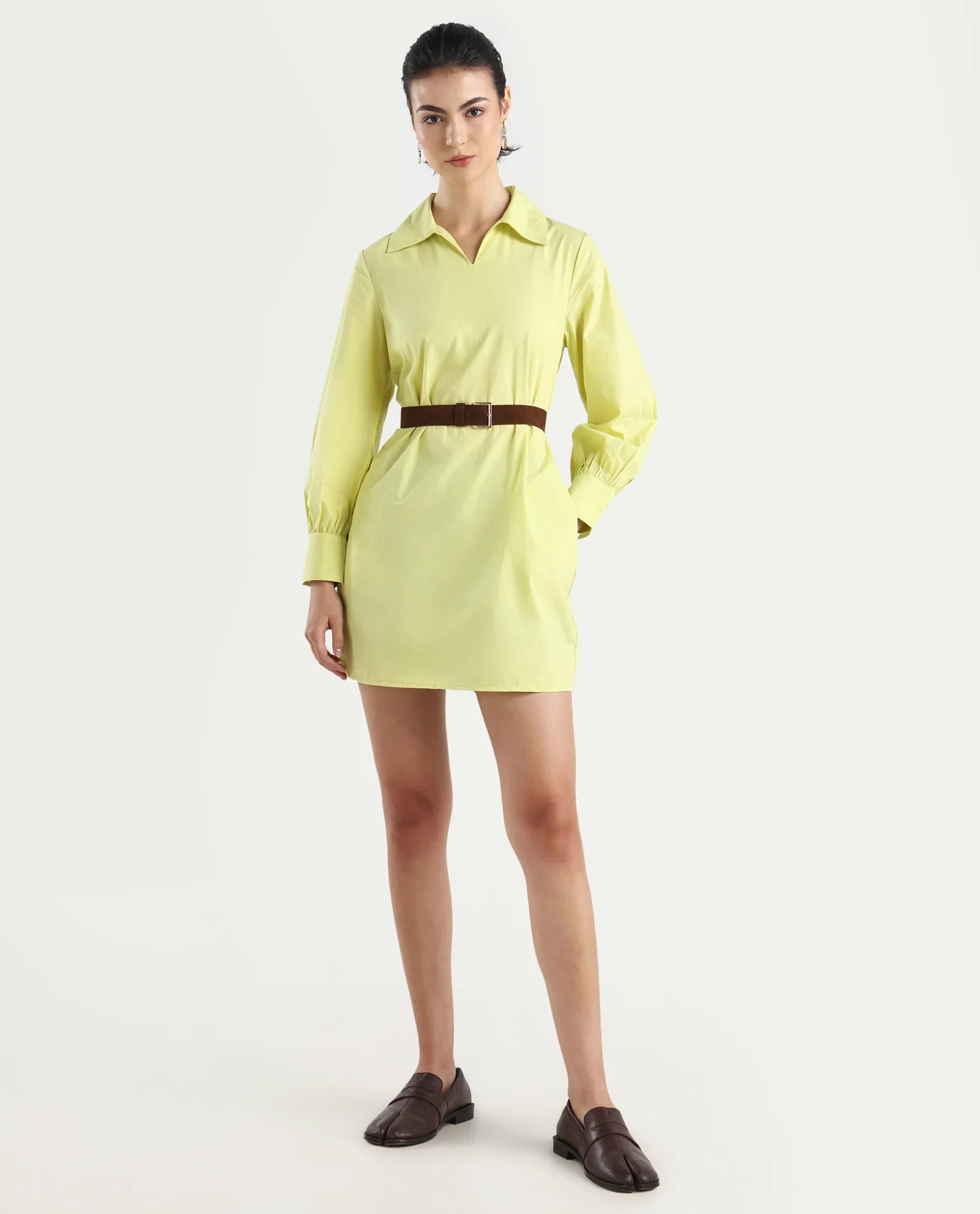 Rareism Women's Earo Light Green Cotton Drop Collar Plain Cuffed Sleeve Mini Regular Fit Dress