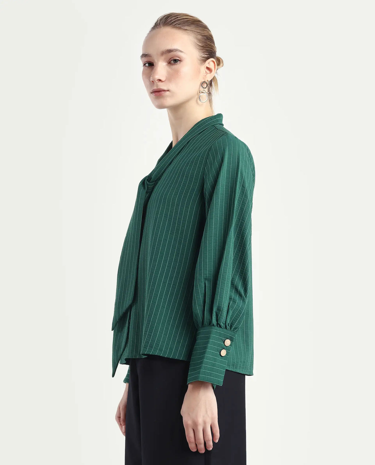 Rareism Women's Eawho Green Polyester Tie-Up Neck Plain Bishop Sleeve Regular Fit Top