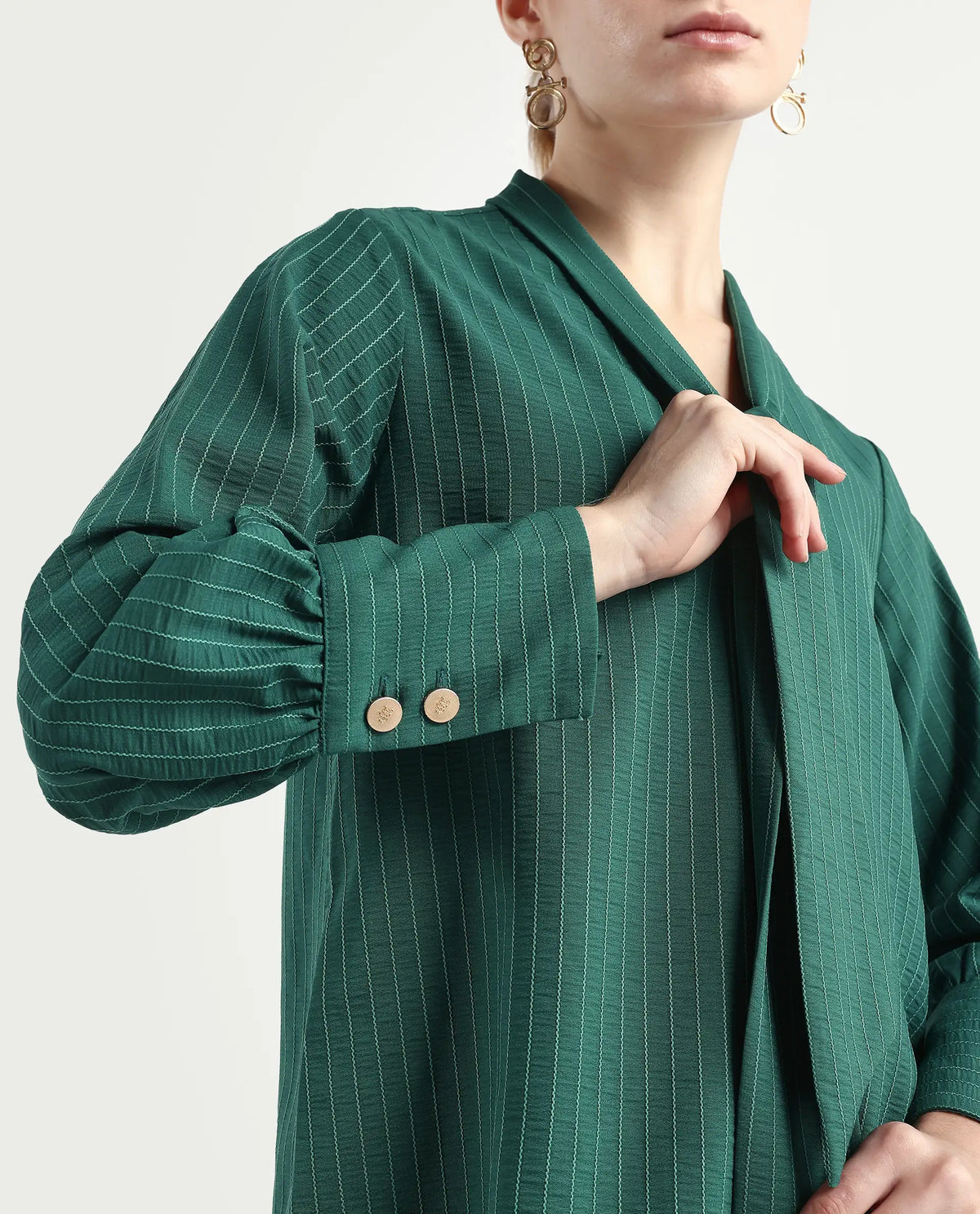 Rareism Women's Eawho Green Polyester Tie-Up Neck Plain Bishop Sleeve Regular Fit Top