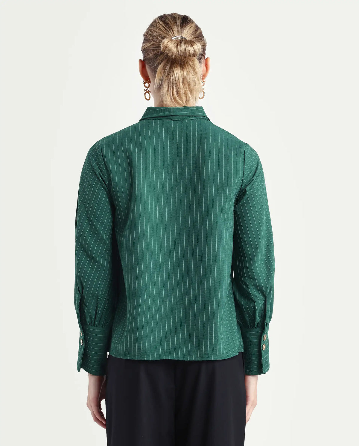 Rareism Women's Eawho Green Polyester Tie-Up Neck Plain Bishop Sleeve Regular Fit Top