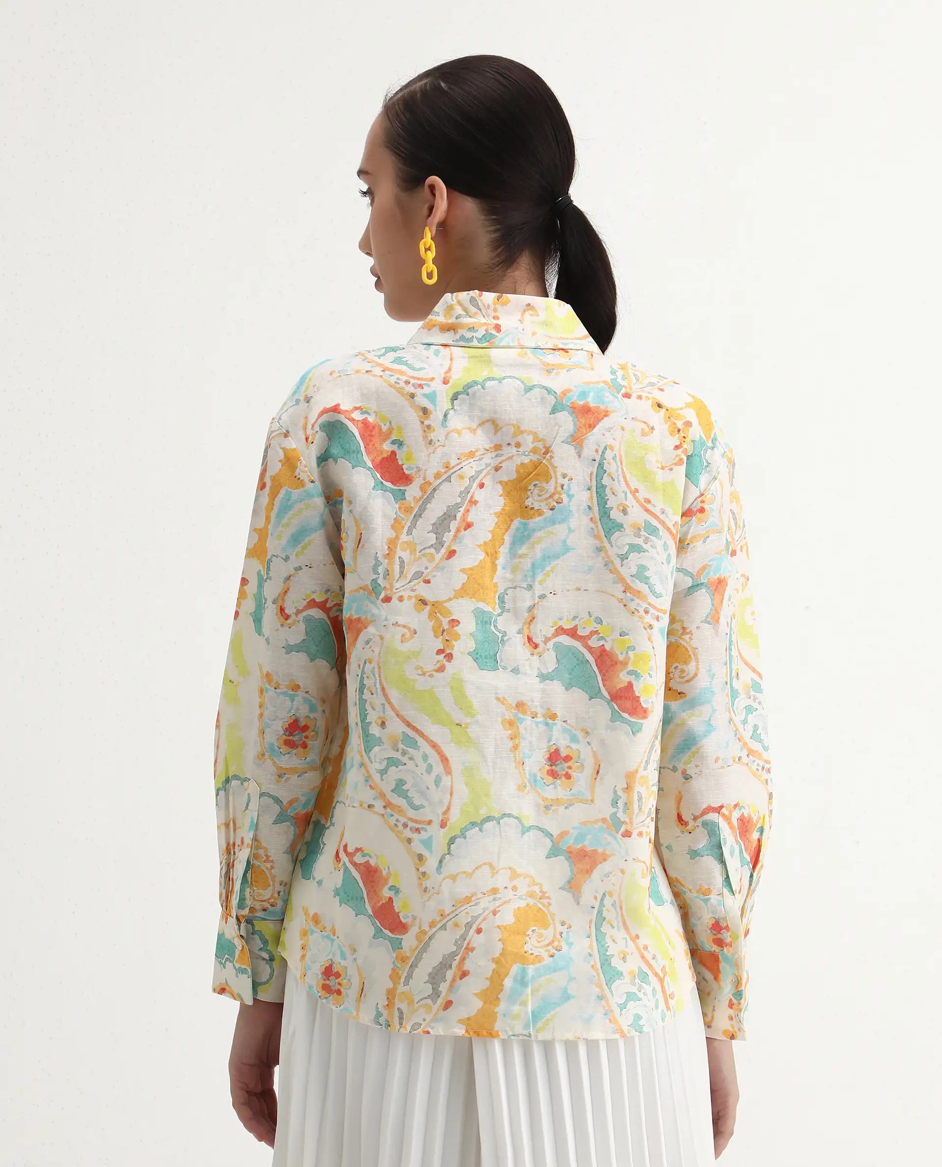 Rareism Women's Egor Flouroscent Multi Linen Blend Drop Collar Paisley Print Cuffed Sleeve Regular Fit Top