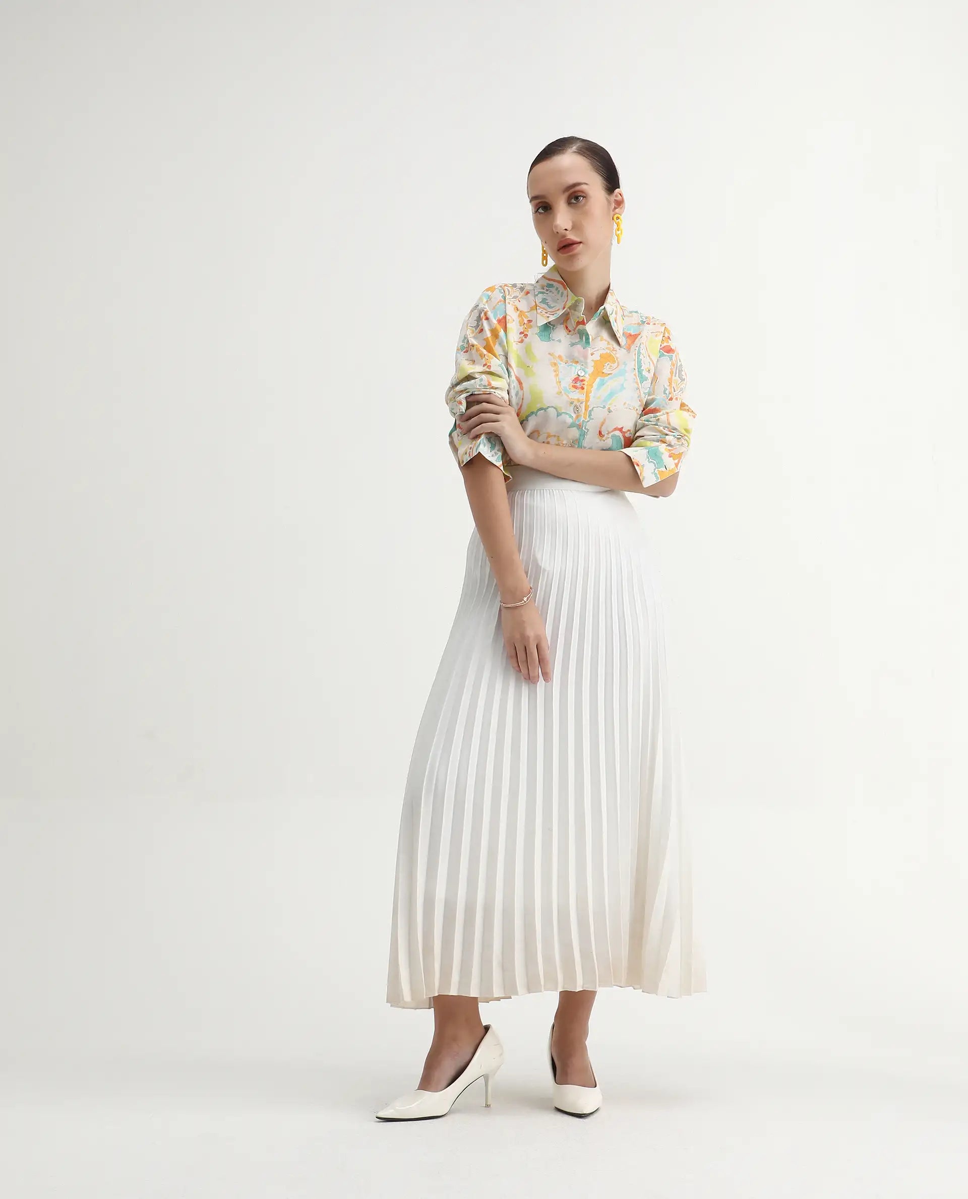 Rareism Women's Egor Flouroscent Multi Cotton Drop Collar Paisley Print Cuffed Sleeve Regular Fit Top