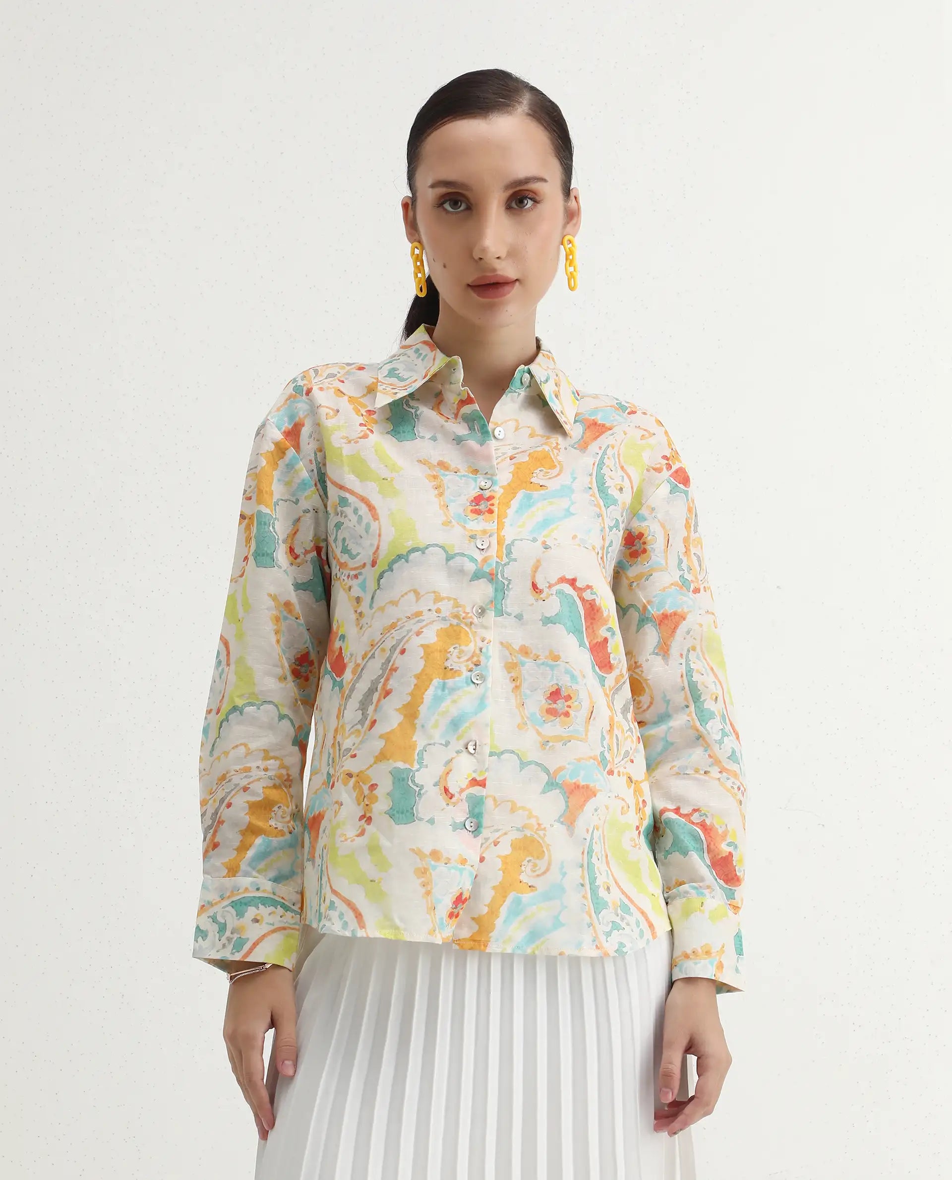 Rareism Women's Egor Flouroscent Multi Linen Blend Drop Collar Paisley Print Cuffed Sleeve Regular Fit Top