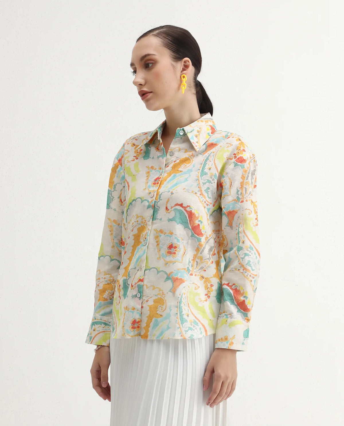 Rareism Women's Egor Flouroscent Multi Linen Blend Drop Collar Paisley Print Cuffed Sleeve Regular Fit Top