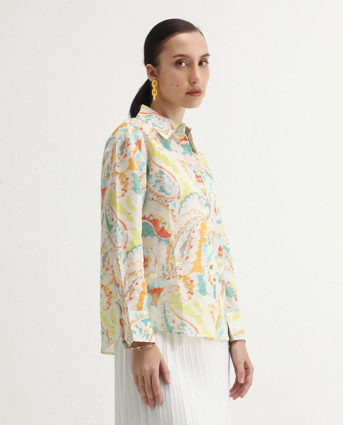Rareism Women's Egor Flouroscent Multi Linen Blend Drop Collar Paisley Print Cuffed Sleeve Regular Fit Top