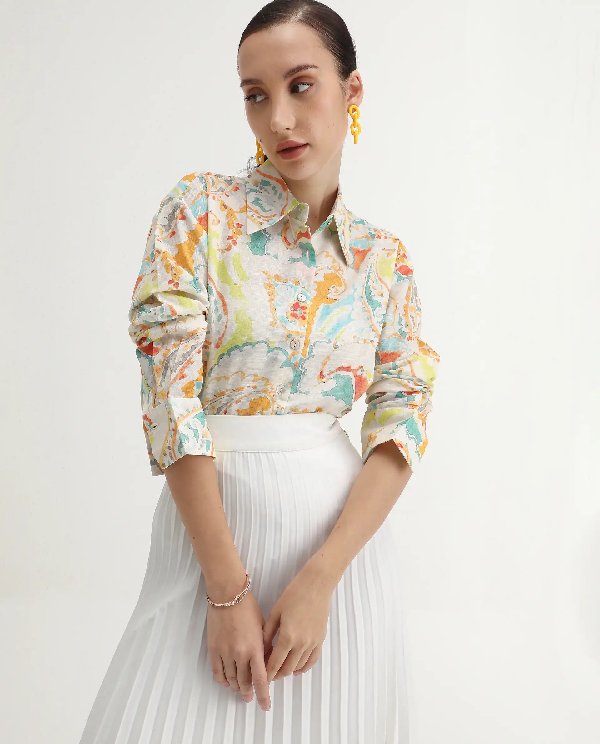 Rareism Women's Egor Flouroscent Multi Linen Blend Drop Collar Paisley Print Cuffed Sleeve Regular Fit Top