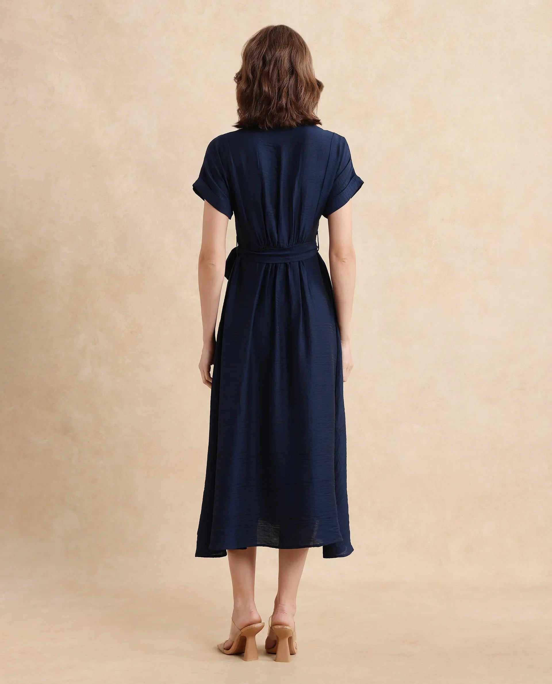 Rareism Women's Ehlum Navy Polyester V-Neck Plain Extended Sleeves Midi Regular Fit Dress