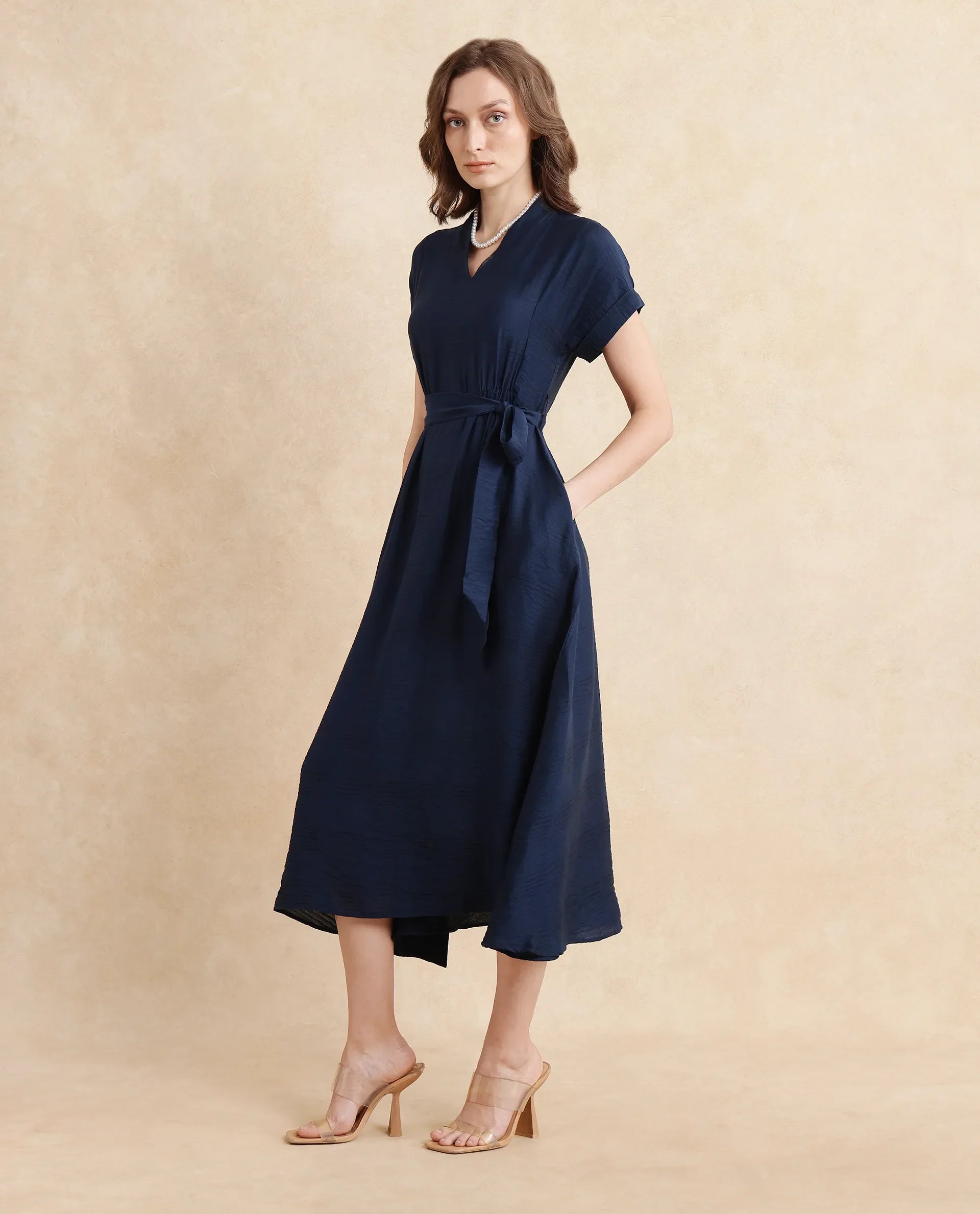 Rareism Women's Ehlum Navy Polyester V-Neck Plain Extended Sleeves Midi Regular Fit Dress