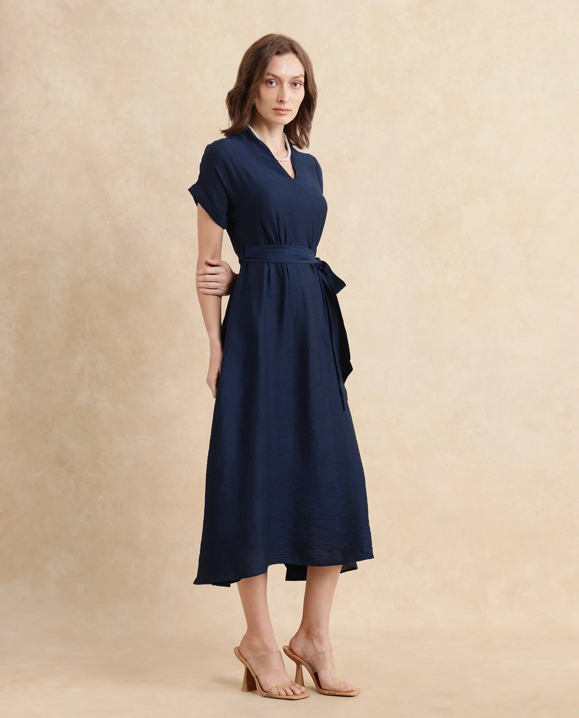 Rareism Women's Ehlum Navy Polyester V-Neck Plain Extended Sleeves Midi Regular Fit Dress