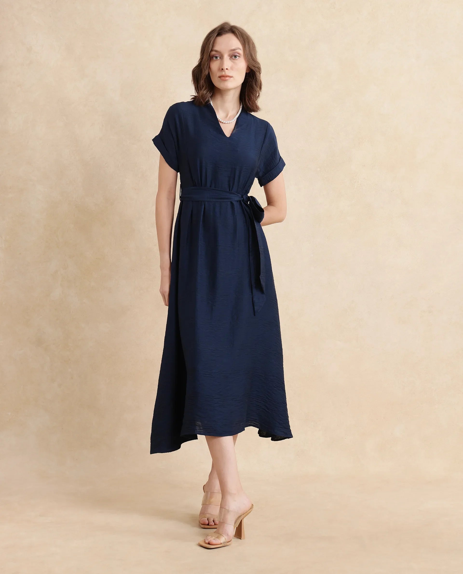 Rareism Women's Ehlum Navy Polyester V-Neck Plain Extended Sleeves Midi Regular Fit Dress