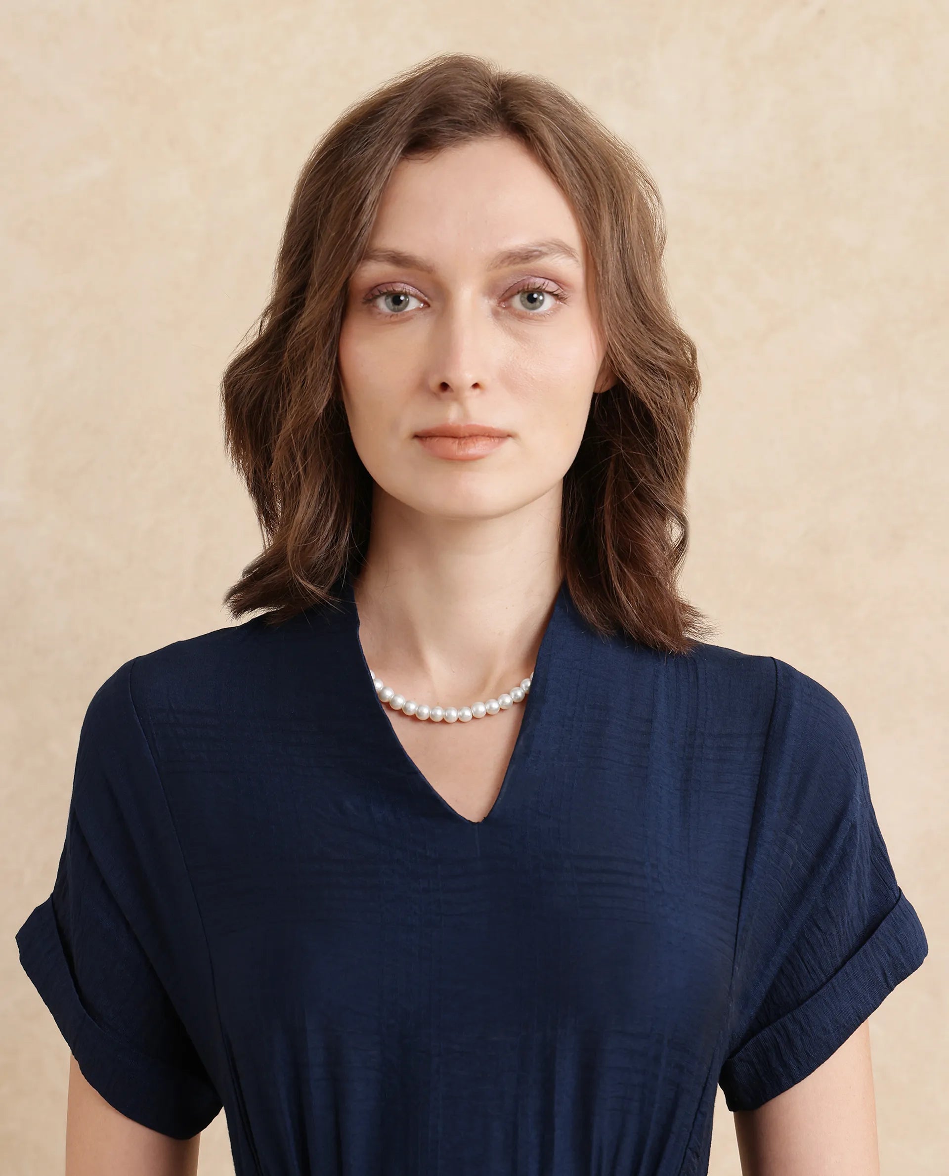 Rareism Women's Ehlum Navy Polyester V-Neck Plain Extended Sleeves Midi Regular Fit Dress