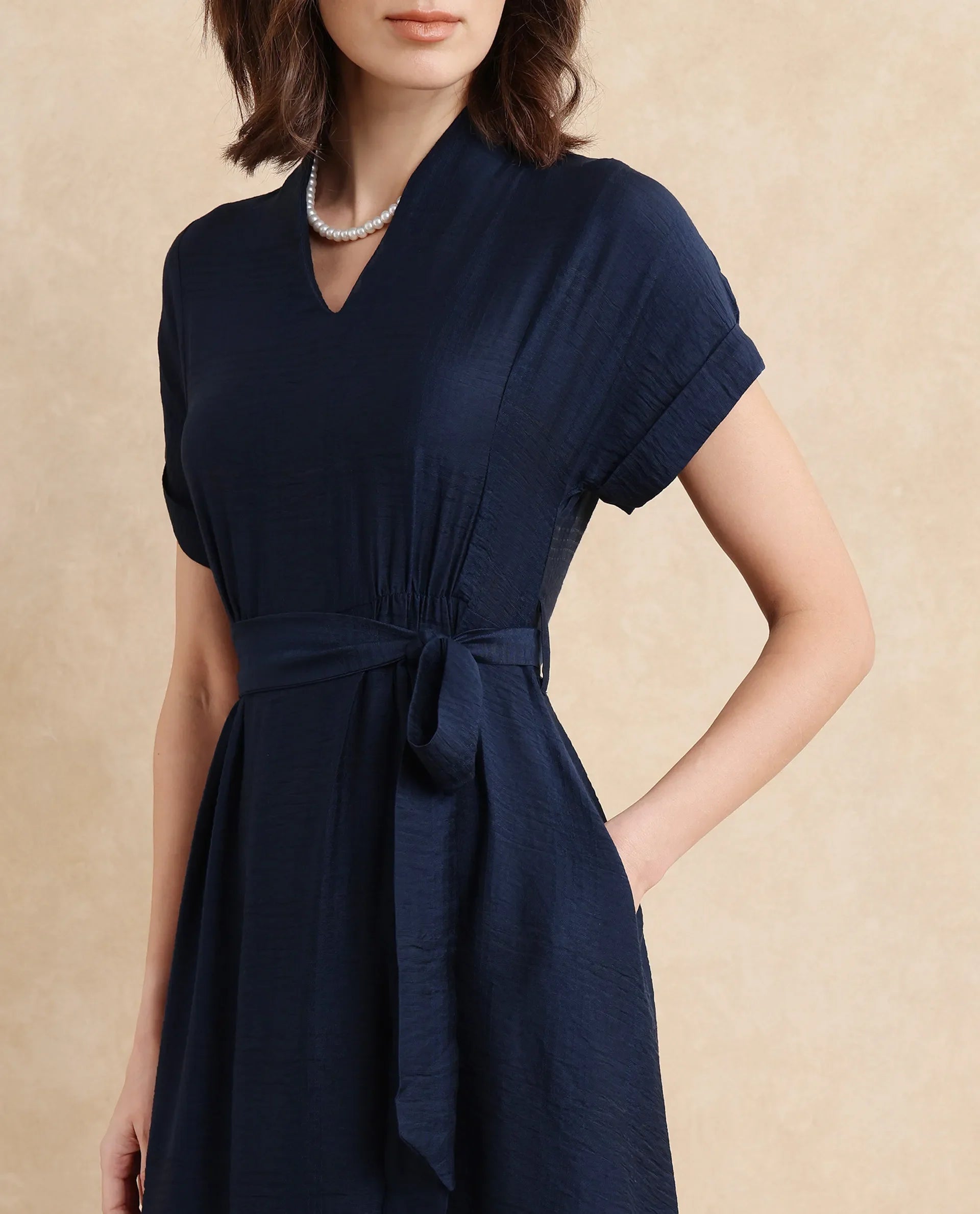 Rareism Women's Ehlum Navy Polyester V-Neck Plain Extended Sleeves Midi Regular Fit Dress