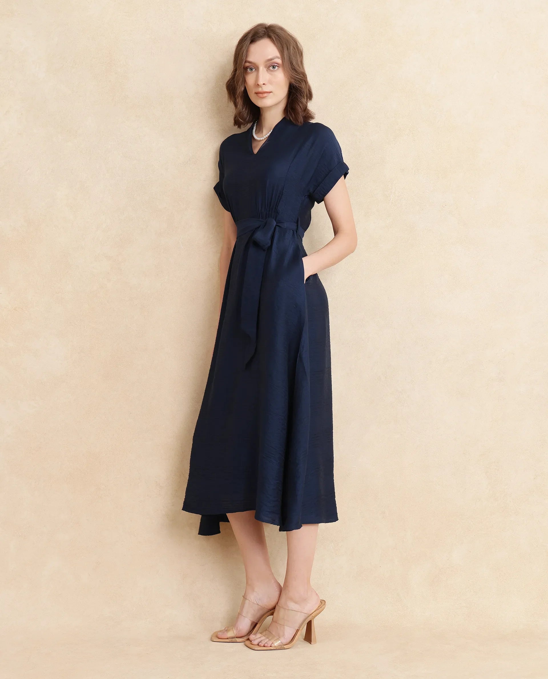 Rareism Women's Ehlum Navy Polyester V-Neck Plain Extended Sleeves Midi Regular Fit Dress