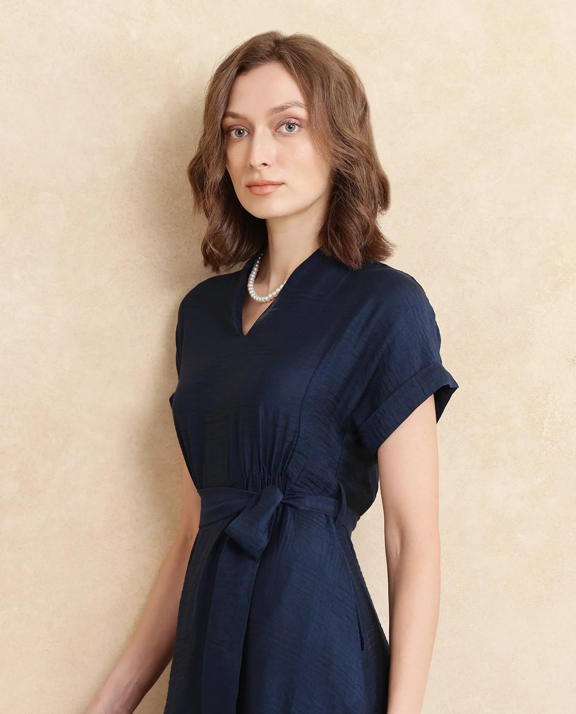 Rareism Women's Ehlum Navy Polyester V-Neck Plain Extended Sleeves Midi Regular Fit Dress