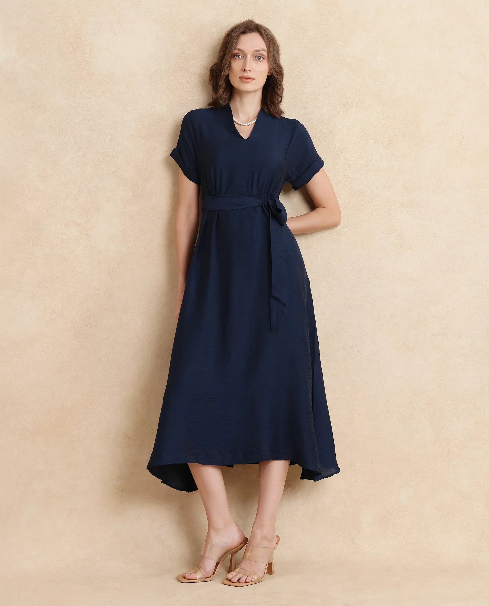 Rareism Women's Ehlum Navy Polyester V-Neck Plain Extended Sleeves Midi Regular Fit Dress